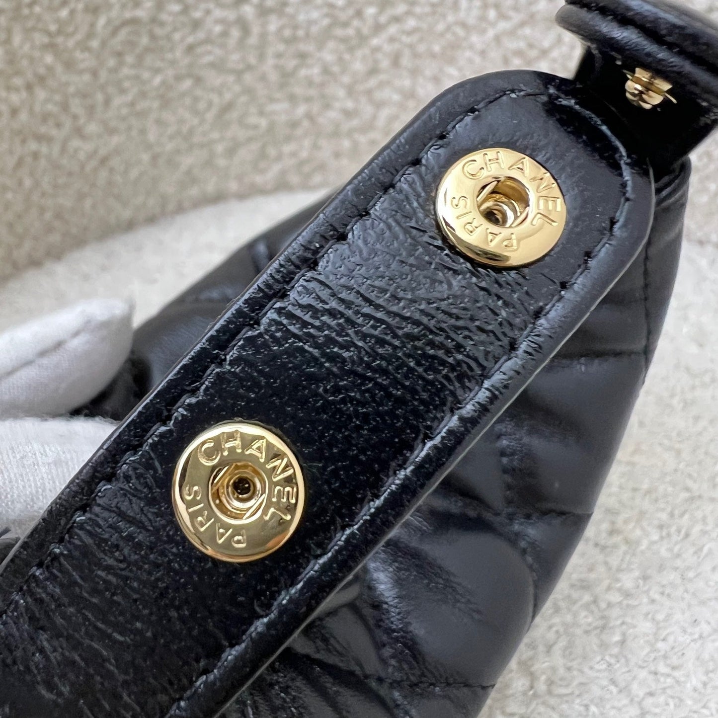GLM-25A Fortune Cookie Mini Pouch / Bag Charm in Black Shiny Crumpled Lambskin and AGHW