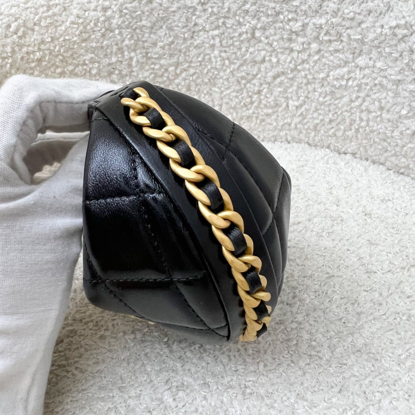 GLM-25A Fortune Cookie Mini Pouch / Bag Charm in Black Shiny Crumpled Lambskin and AGHW