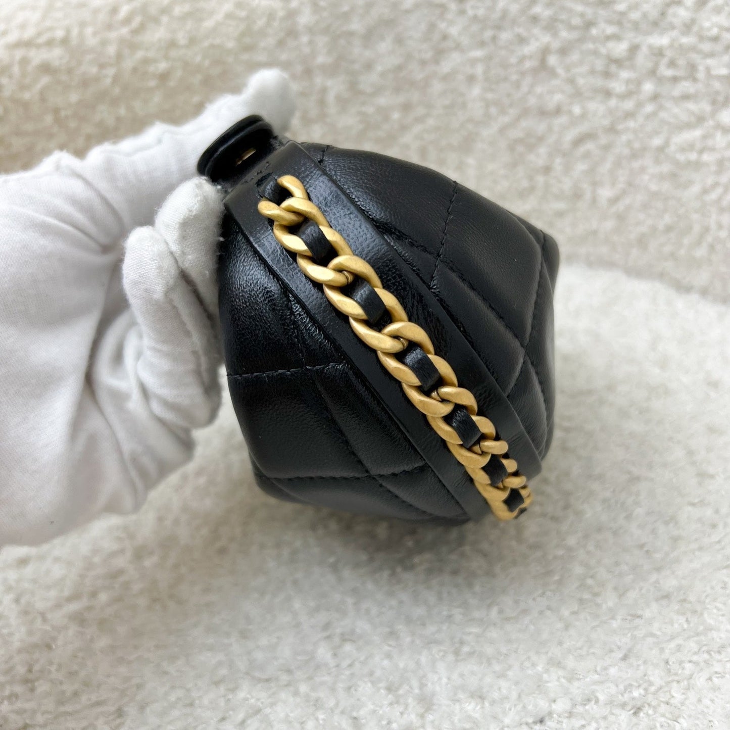 GLM-25A Fortune Cookie Mini Pouch / Bag Charm in Black Shiny Crumpled Lambskin and AGHW