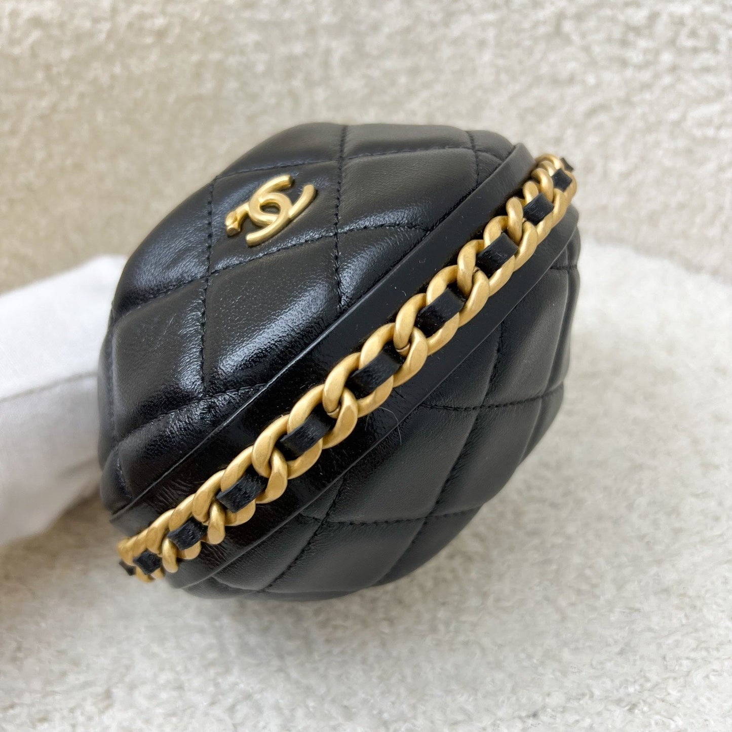 GLM-25A Fortune Cookie Mini Pouch / Bag Charm in Black Shiny Crumpled Lambskin and AGHW