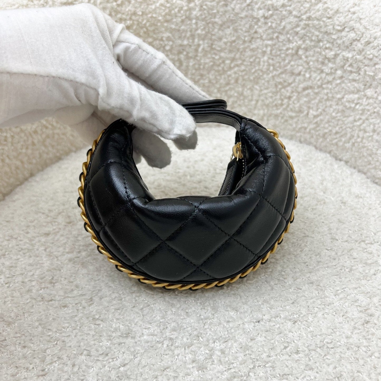 GLM-25A Fortune Cookie Mini Pouch / Bag Charm in Black Shiny Crumpled Lambskin and AGHW