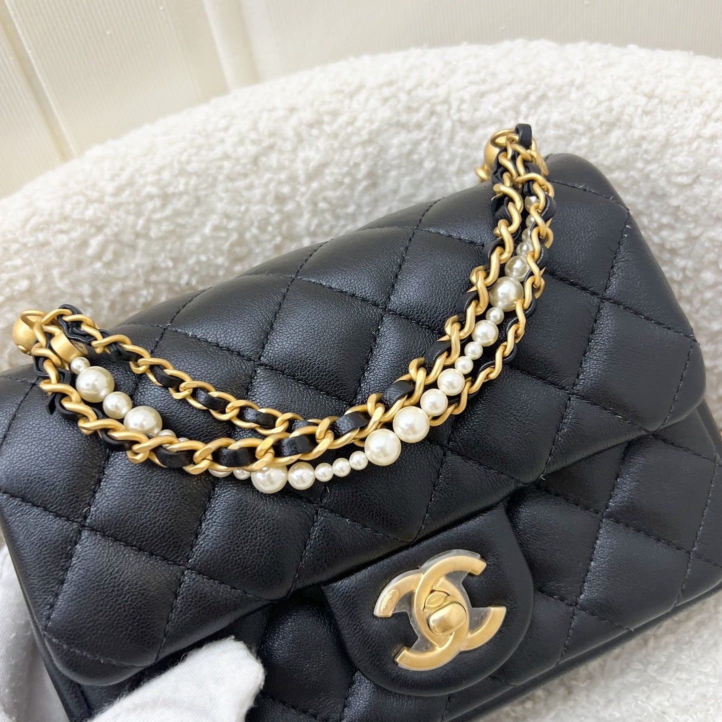 GLM-24P Pearl Twist Chain Square Mini Flap Bag in Black Lambskin and AGHW (Model: AS4385)