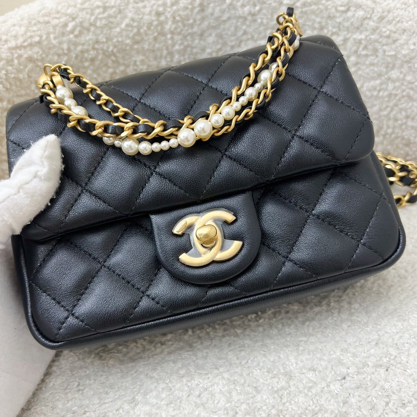 GLM-24P Pearl Twist Chain Square Mini Flap Bag in Black Lambskin and AGHW (Model: AS4385)