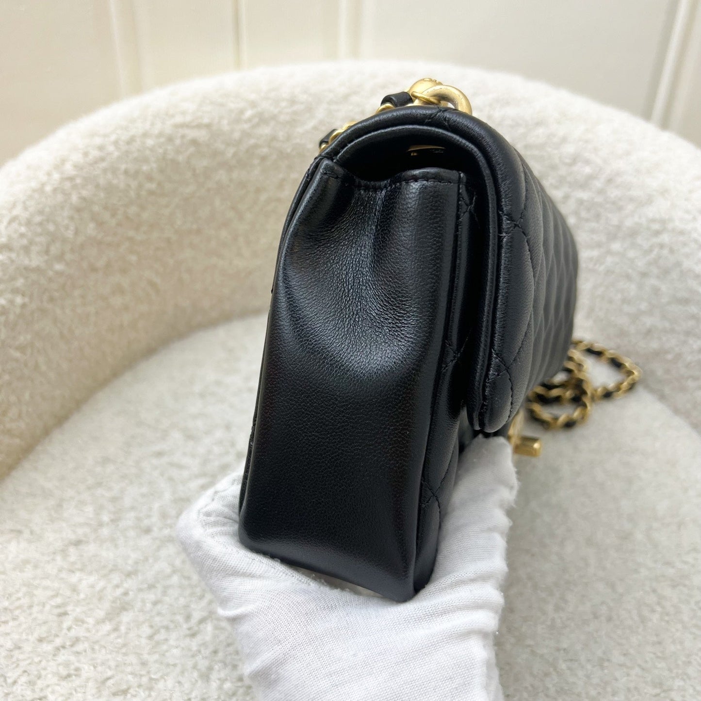 GLM-24P Pearl Twist Chain Square Mini Flap Bag in Black Lambskin and AGHW (Model: AS4385)