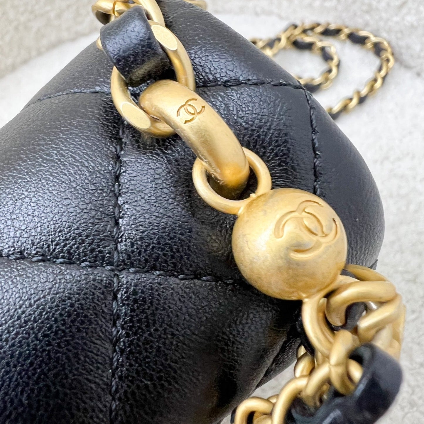GLM-24P Pearl Twist Chain Square Mini Flap Bag in Black Lambskin and AGHW (Model: AS4385)