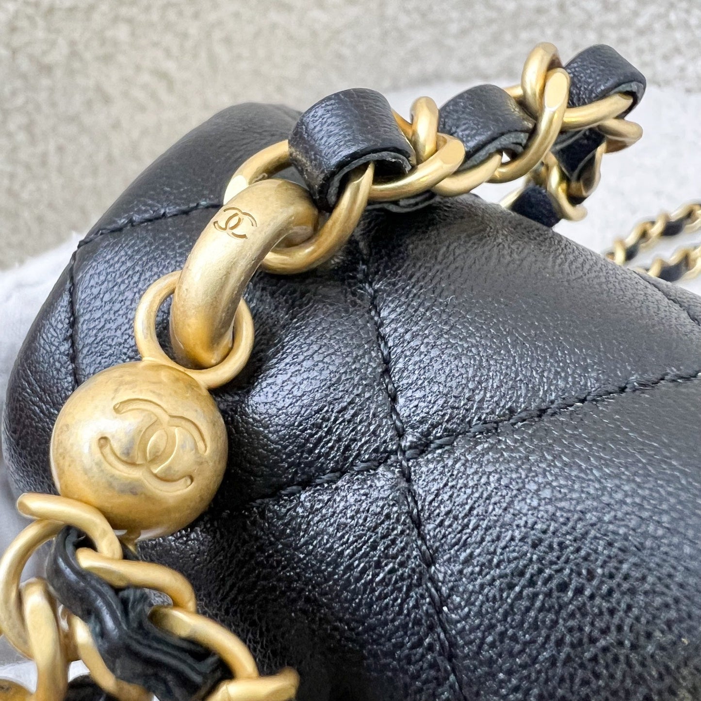 GLM-24P Pearl Twist Chain Square Mini Flap Bag in Black Lambskin and AGHW (Model: AS4385)