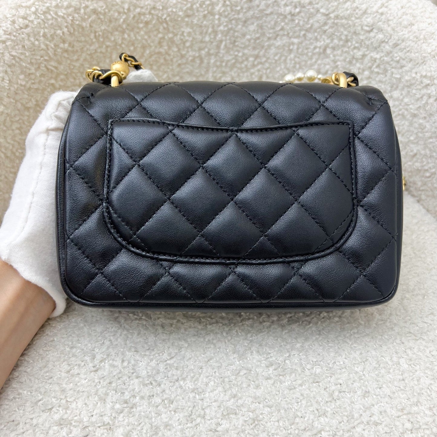 GLM-24P Pearl Twist Chain Square Mini Flap Bag in Black Lambskin and AGHW (Model: AS4385)