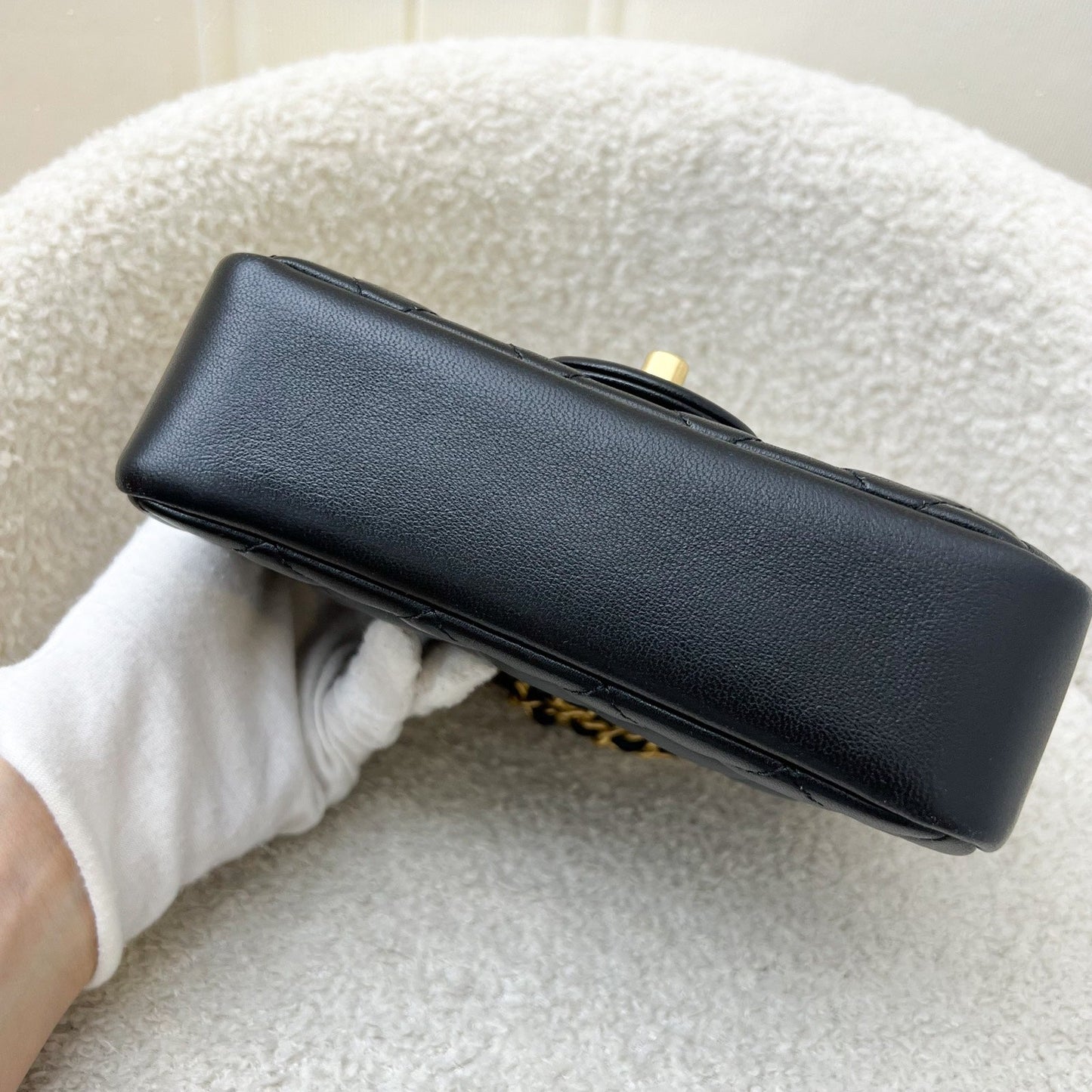 GLM-24P Pearl Twist Chain Square Mini Flap Bag in Black Lambskin and AGHW (Model: AS4385)