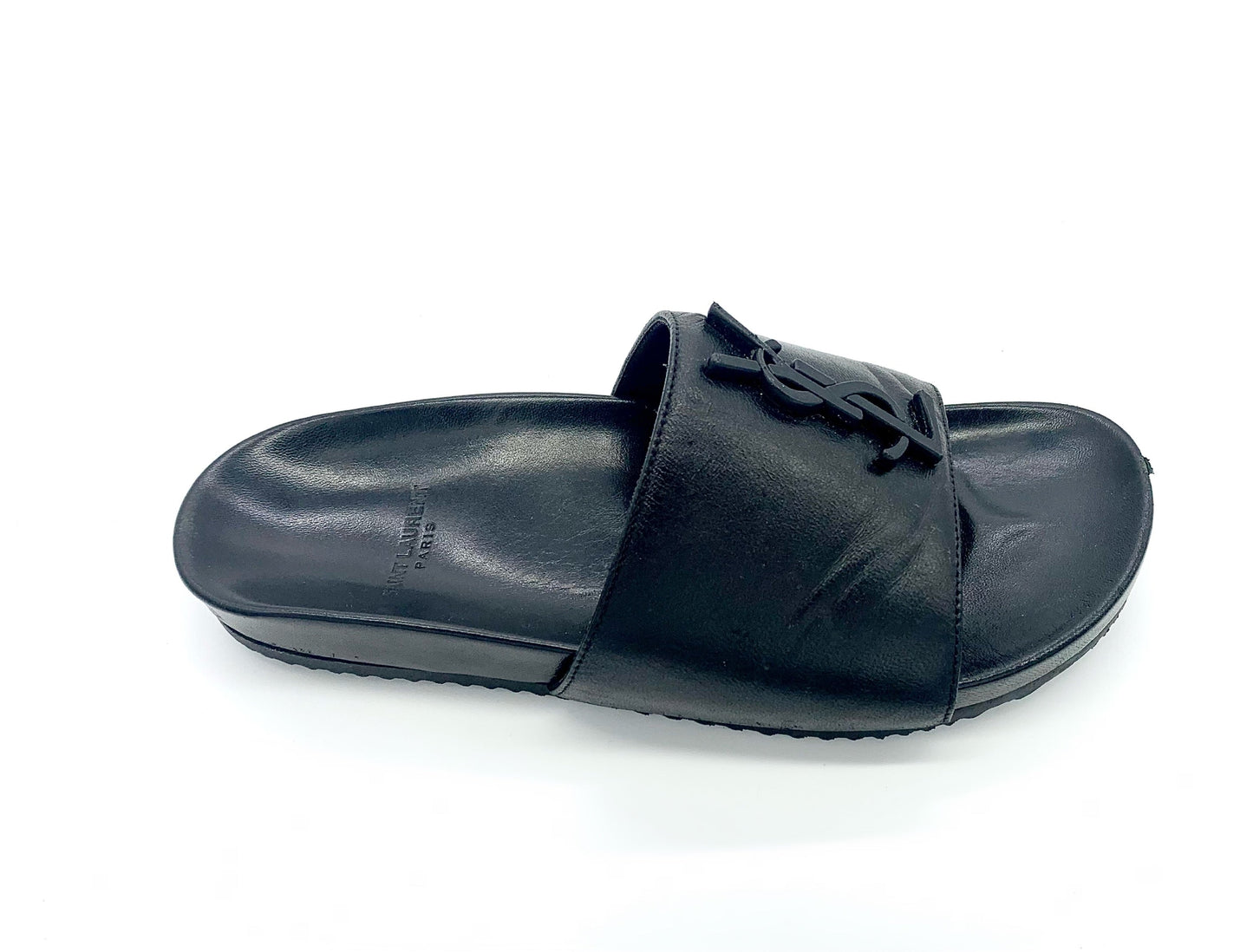 YSL MONOGRAM LEATHER FLAT SLIDES