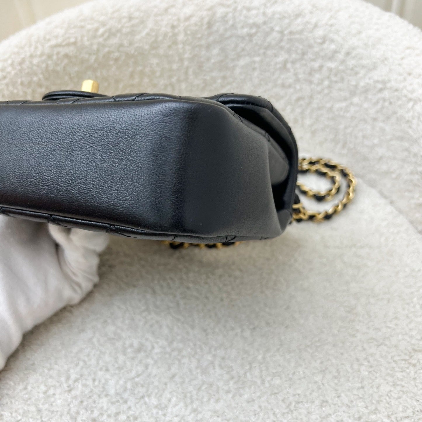 GLM-24P Pearl Twist Chain Square Mini Flap Bag in Black Lambskin and AGHW (Model: AS4385)