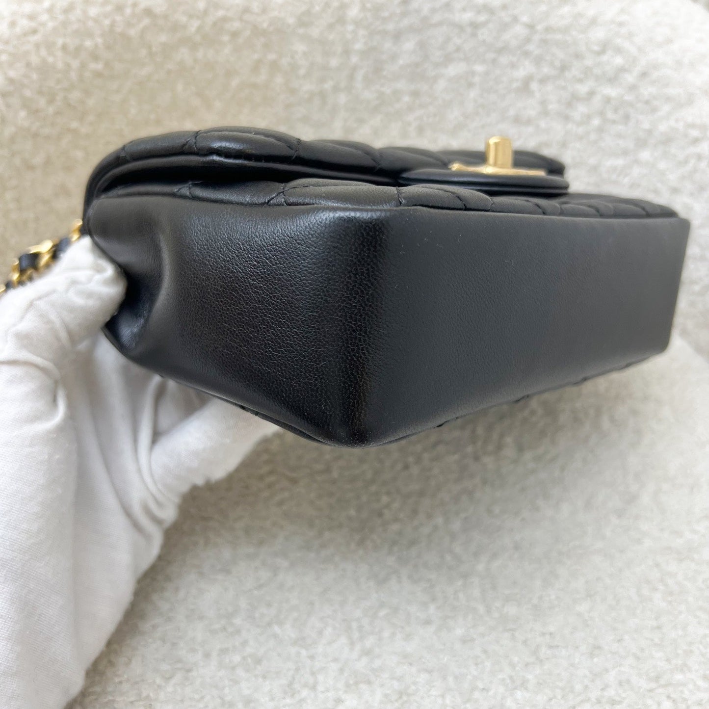 GLM-24P Pearl Twist Chain Square Mini Flap Bag in Black Lambskin and AGHW (Model: AS4385)
