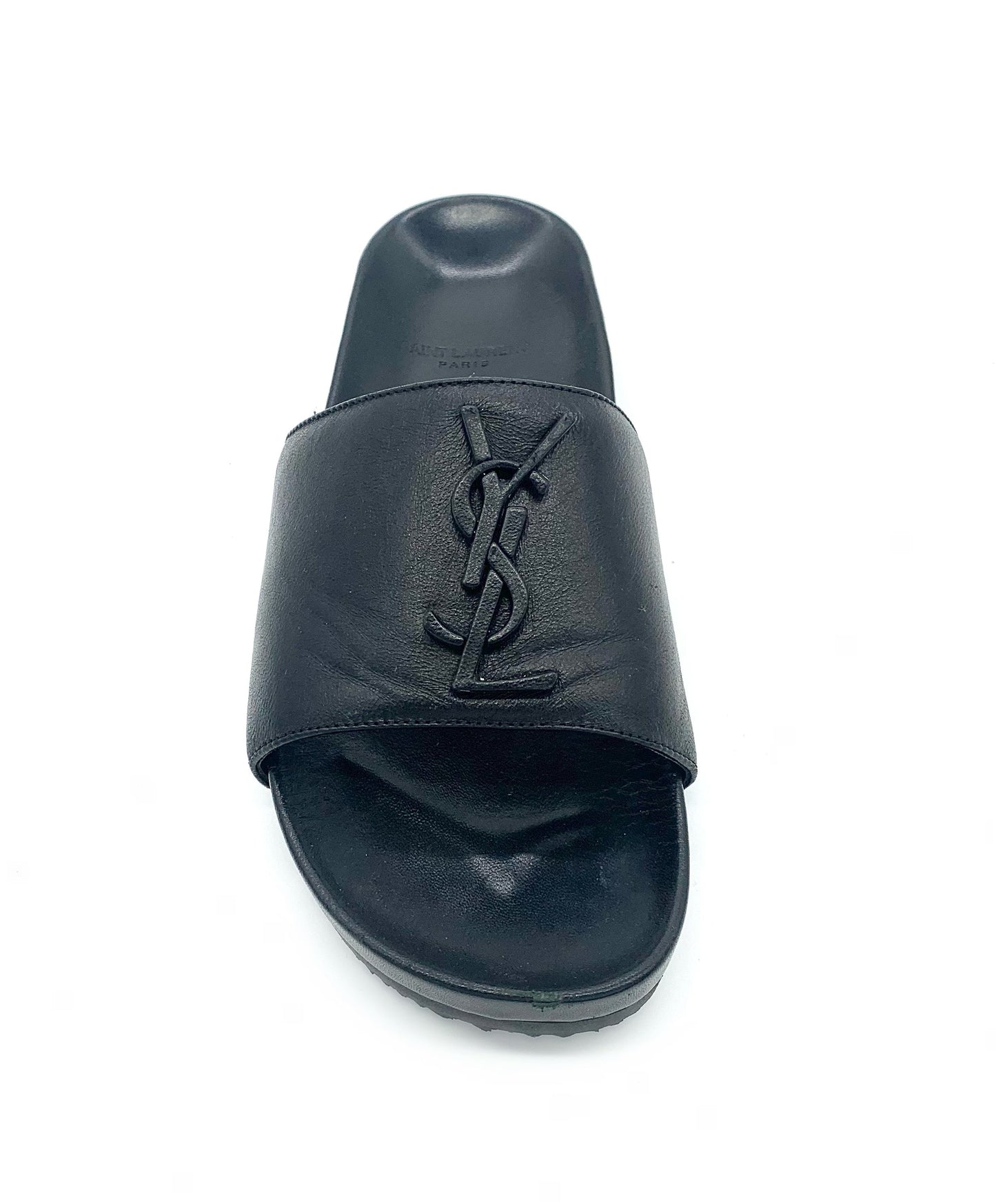 YSL MONOGRAM LEATHER FLAT SLIDES