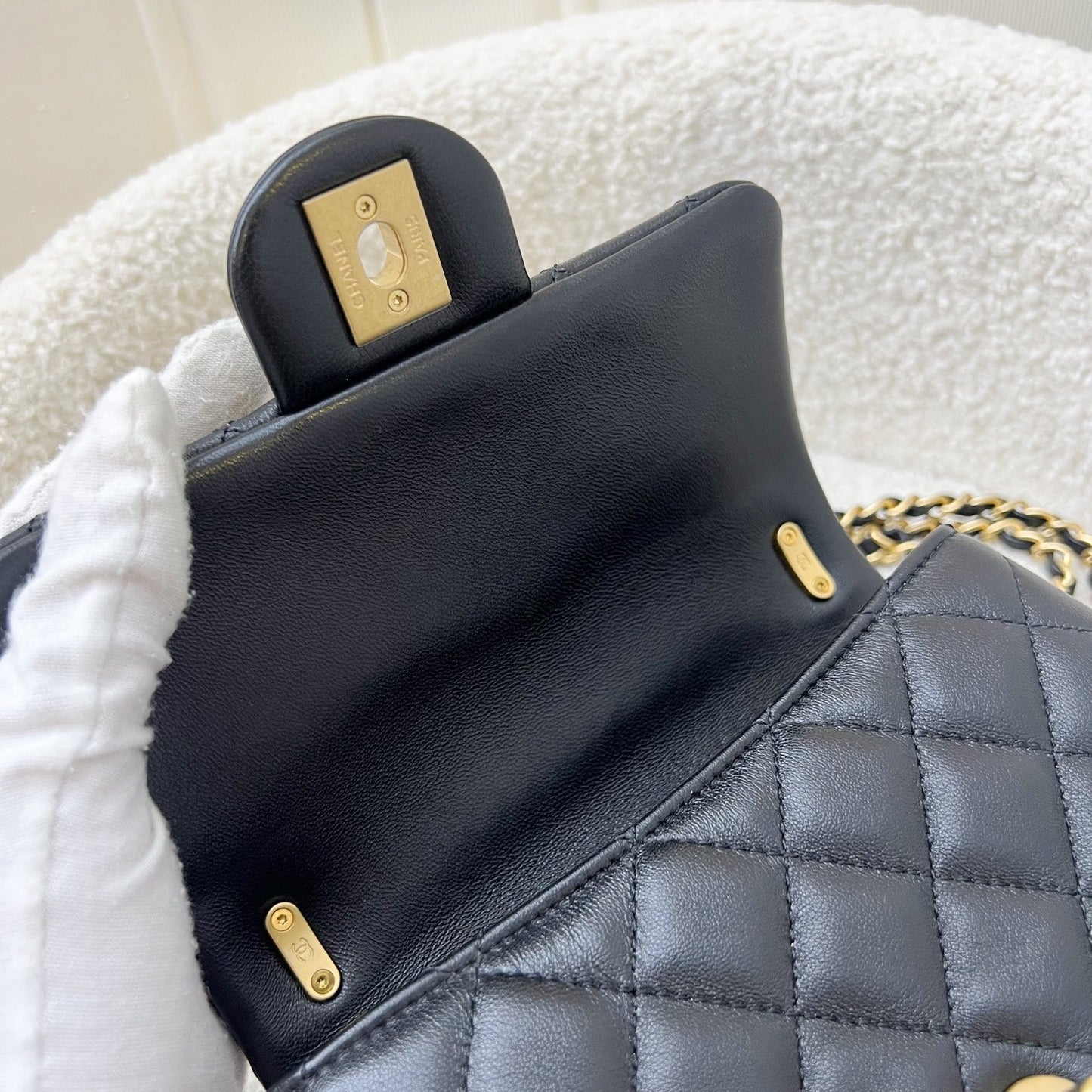 GLM-24P Pearl Twist Chain Square Mini Flap Bag in Black Lambskin and AGHW (Model: AS4385)