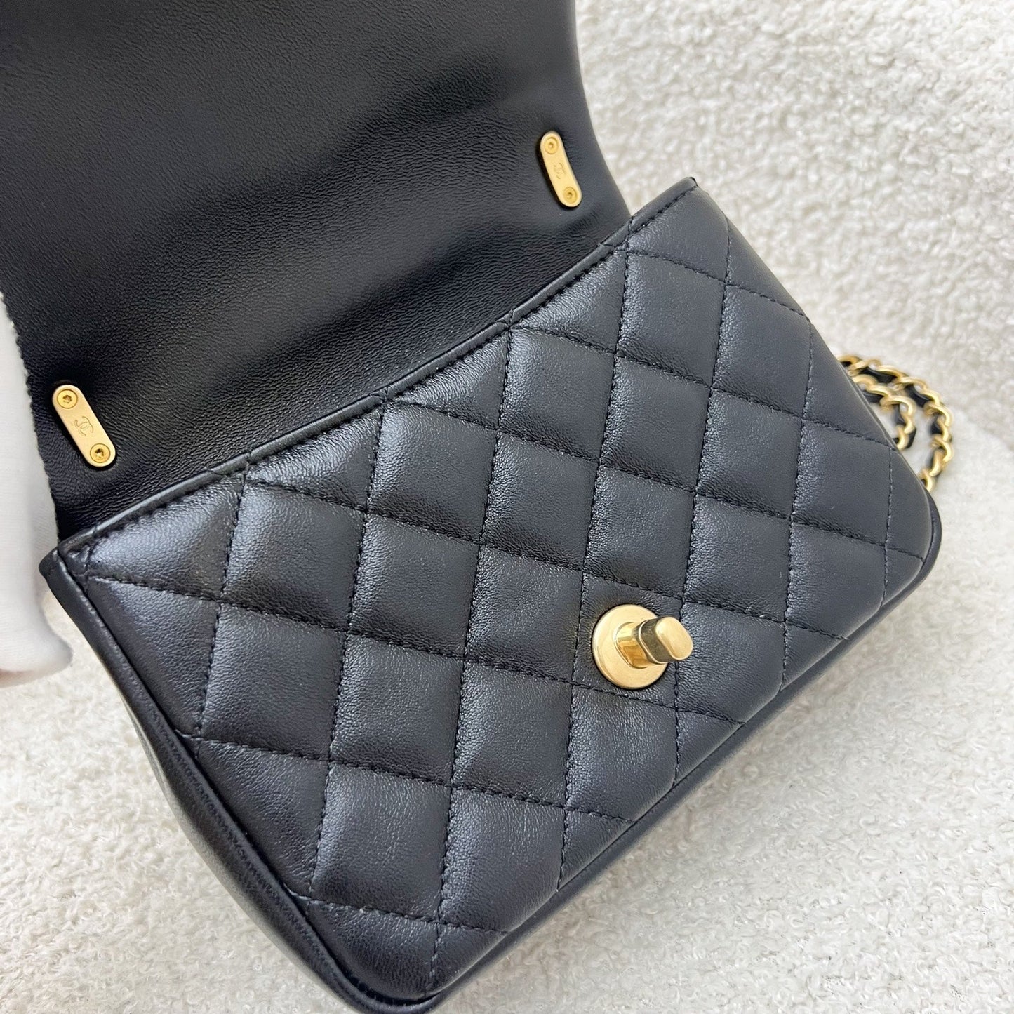 GLM-24P Pearl Twist Chain Square Mini Flap Bag in Black Lambskin and AGHW (Model: AS4385)