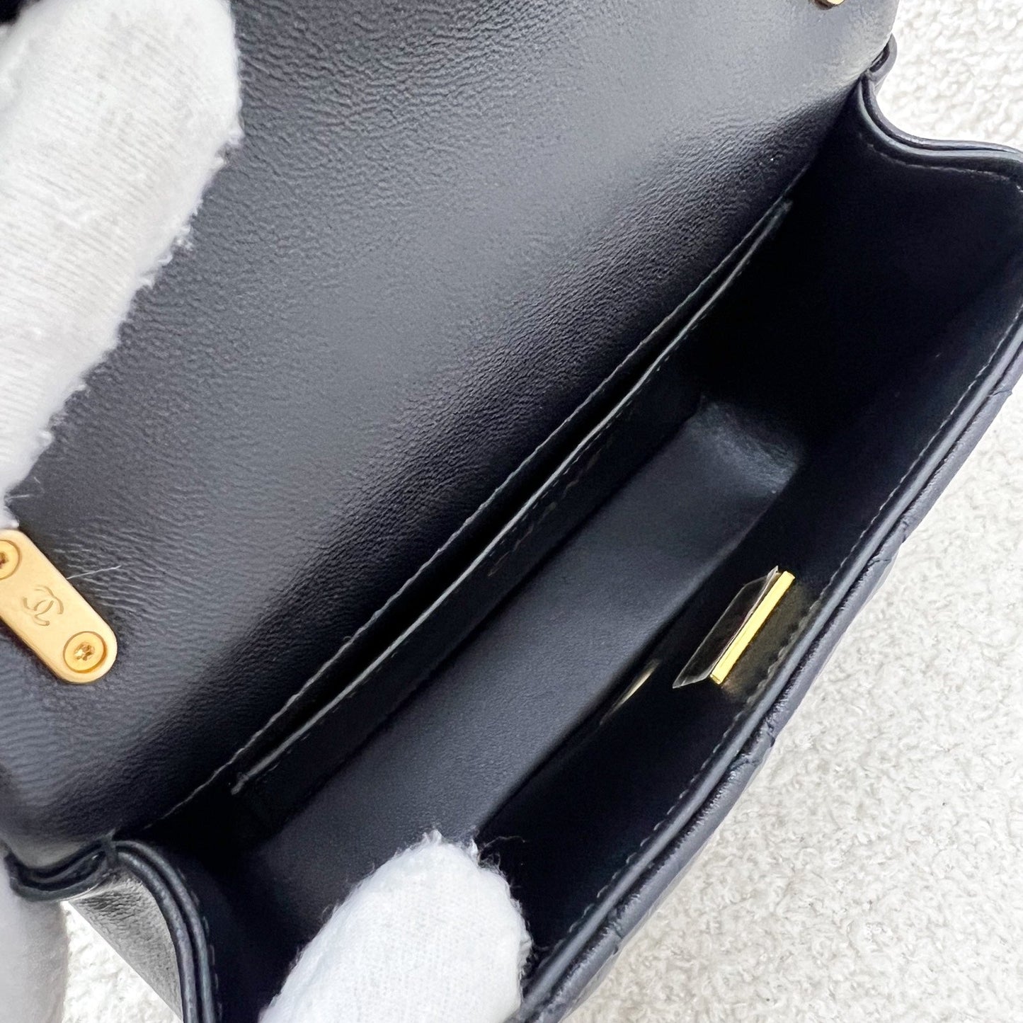 GLM-24P Pearl Twist Chain Square Mini Flap Bag in Black Lambskin and AGHW (Model: AS4385)