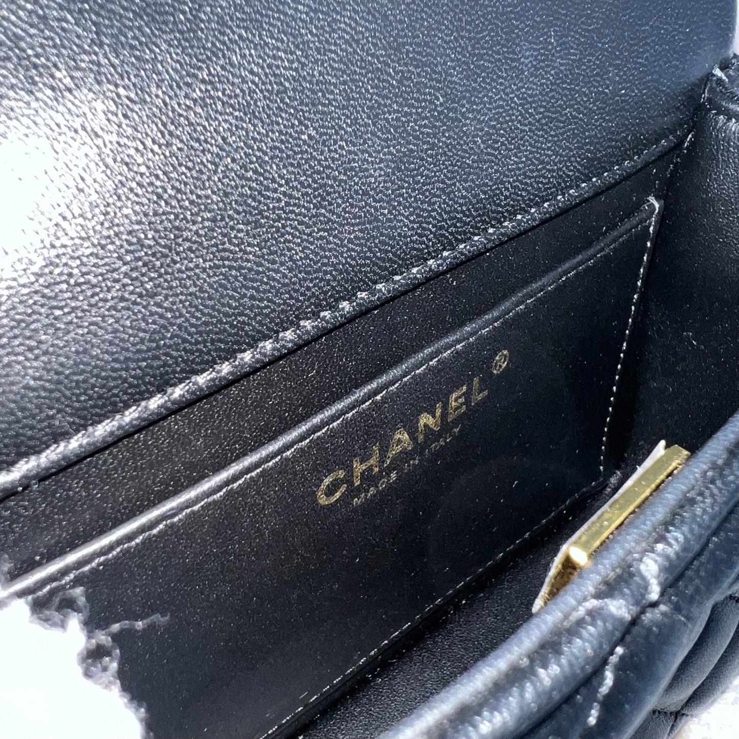 GLM-24P Pearl Twist Chain Square Mini Flap Bag in Black Lambskin and AGHW (Model: AS4385)