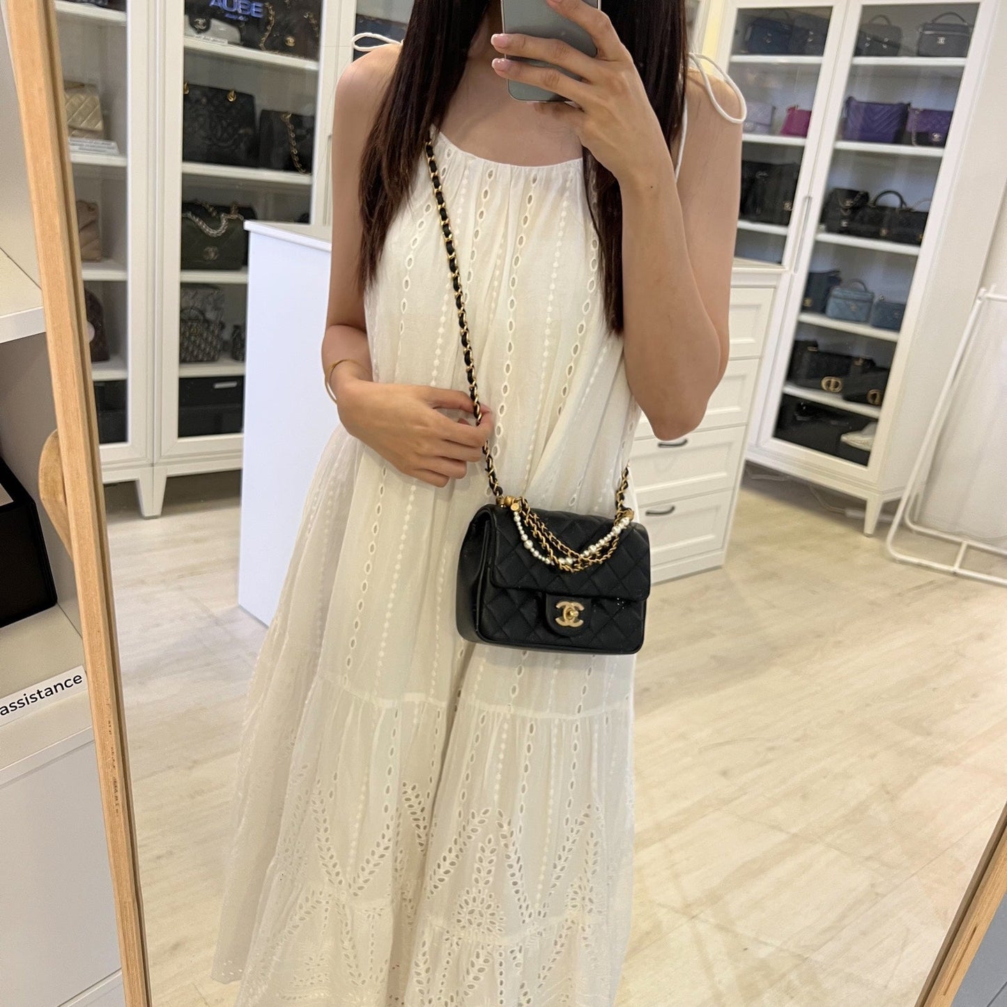 GLM-24P Pearl Twist Chain Square Mini Flap Bag in Black Lambskin and AGHW (Model: AS4385)