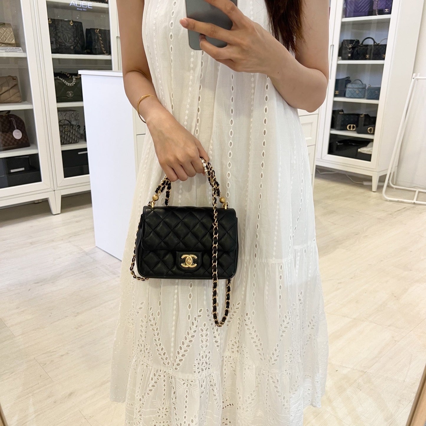 GLM-24P Pearl Twist Chain Square Mini Flap Bag in Black Lambskin and AGHW (Model: AS4385)
