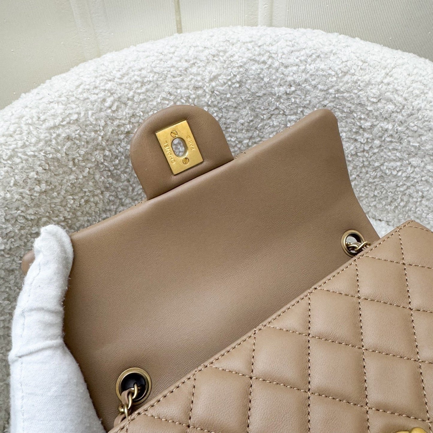 GLM-Pearl Crush Mini Rectangular Flap in 22B Dark Beige Lambskin AGHW