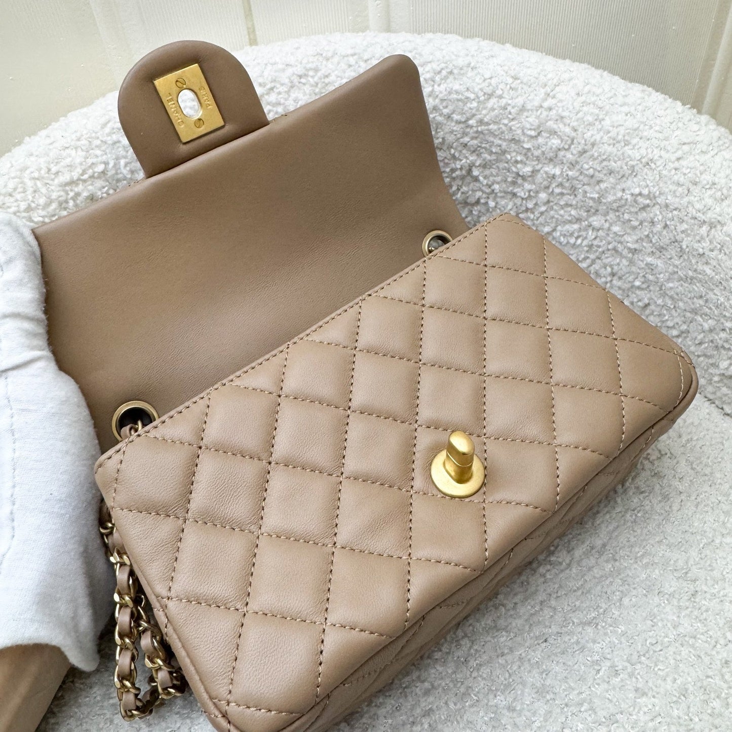 GLM-Pearl Crush Mini Rectangular Flap in 22B Dark Beige Lambskin AGHW