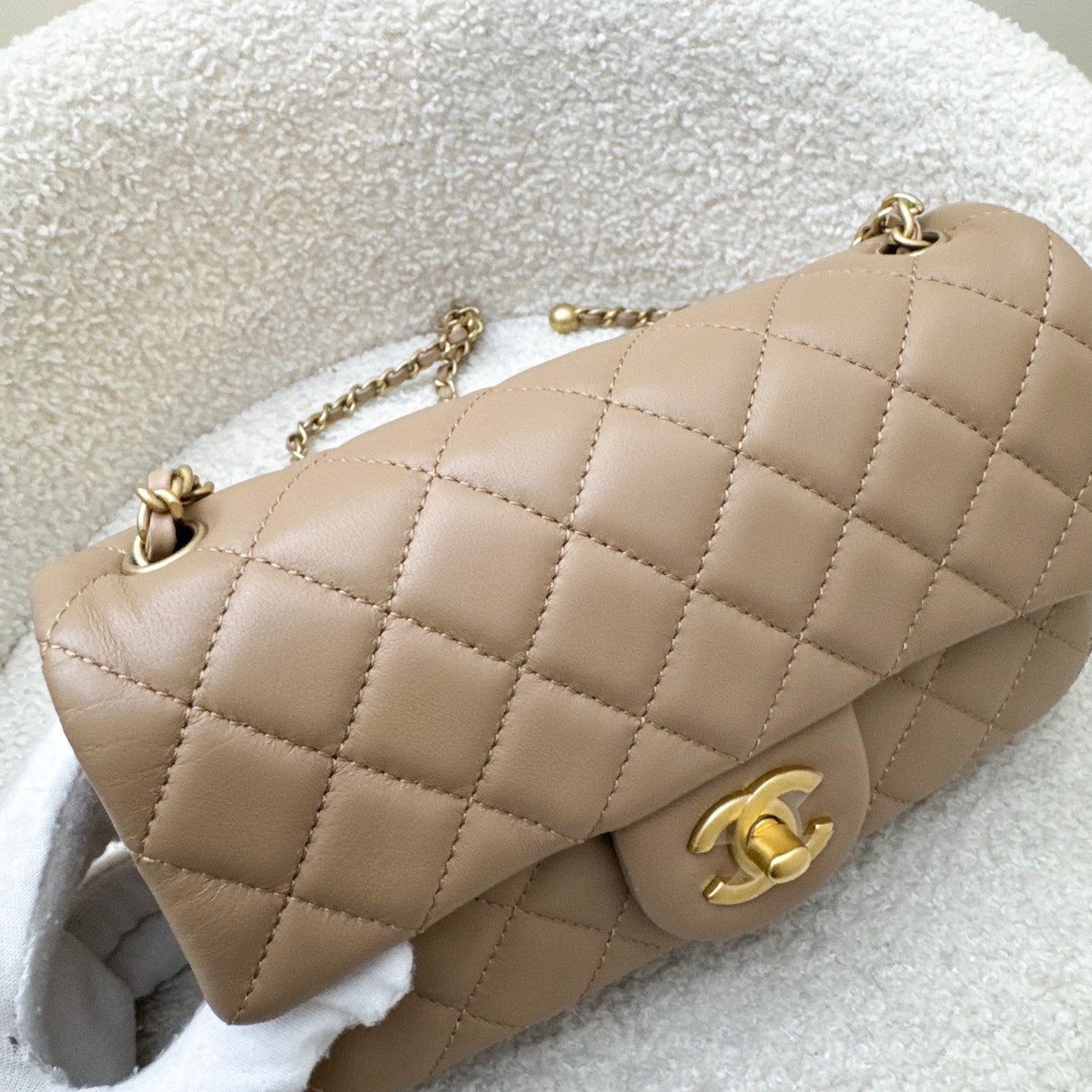 GLM-Pearl Crush Mini Rectangular Flap in 22B Dark Beige Lambskin AGHW