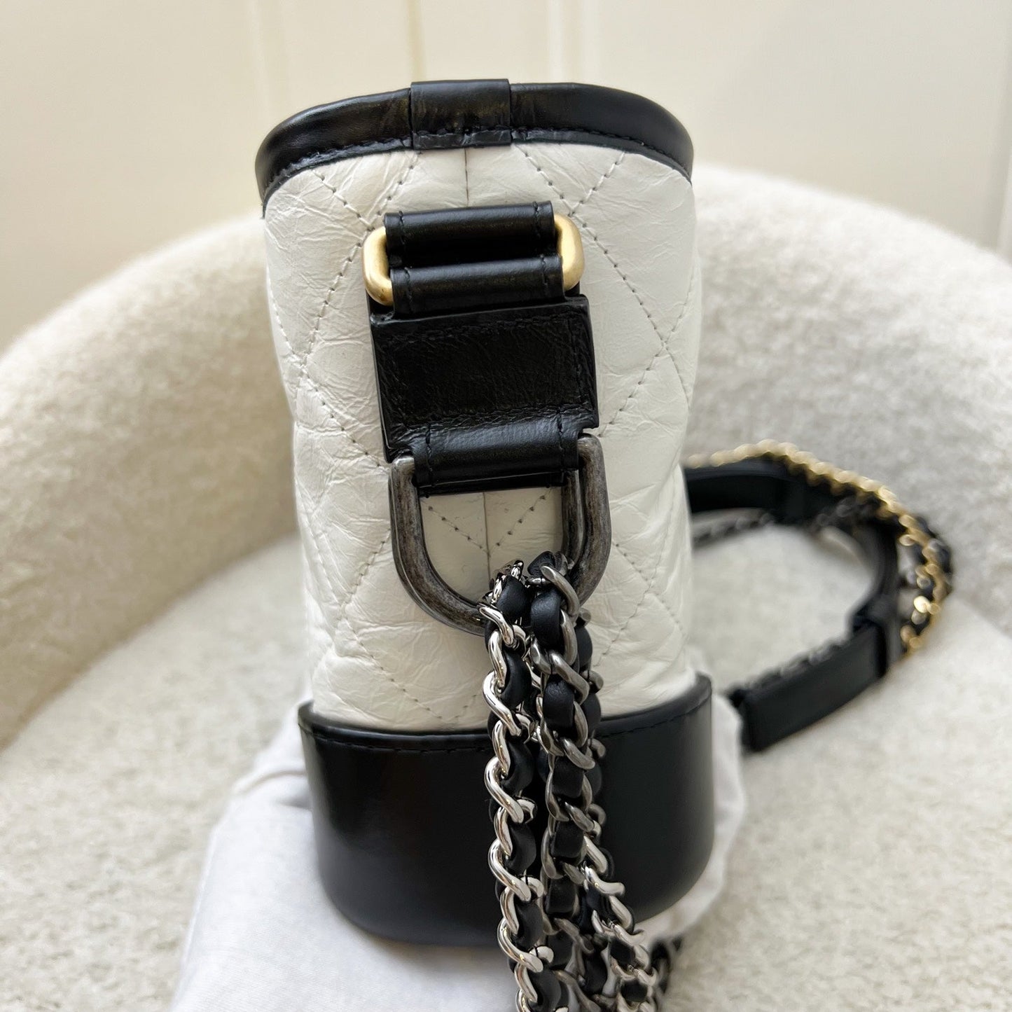 GLM-Small Gabrielle Hobo in White Distressed Calfskin, Black Base and 3 Tone HW