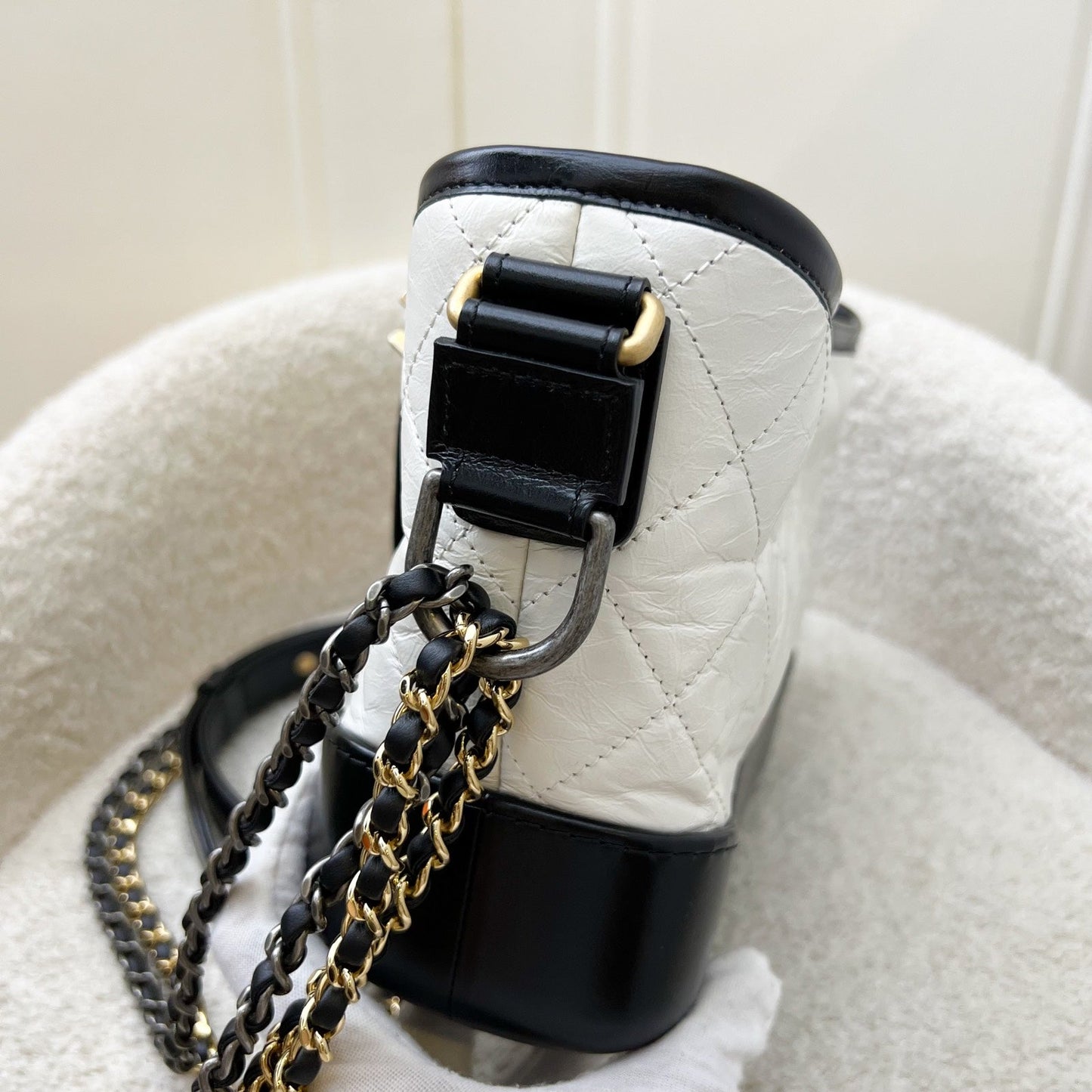 GLM-Small Gabrielle Hobo in White Distressed Calfskin, Black Base and 3 Tone HW