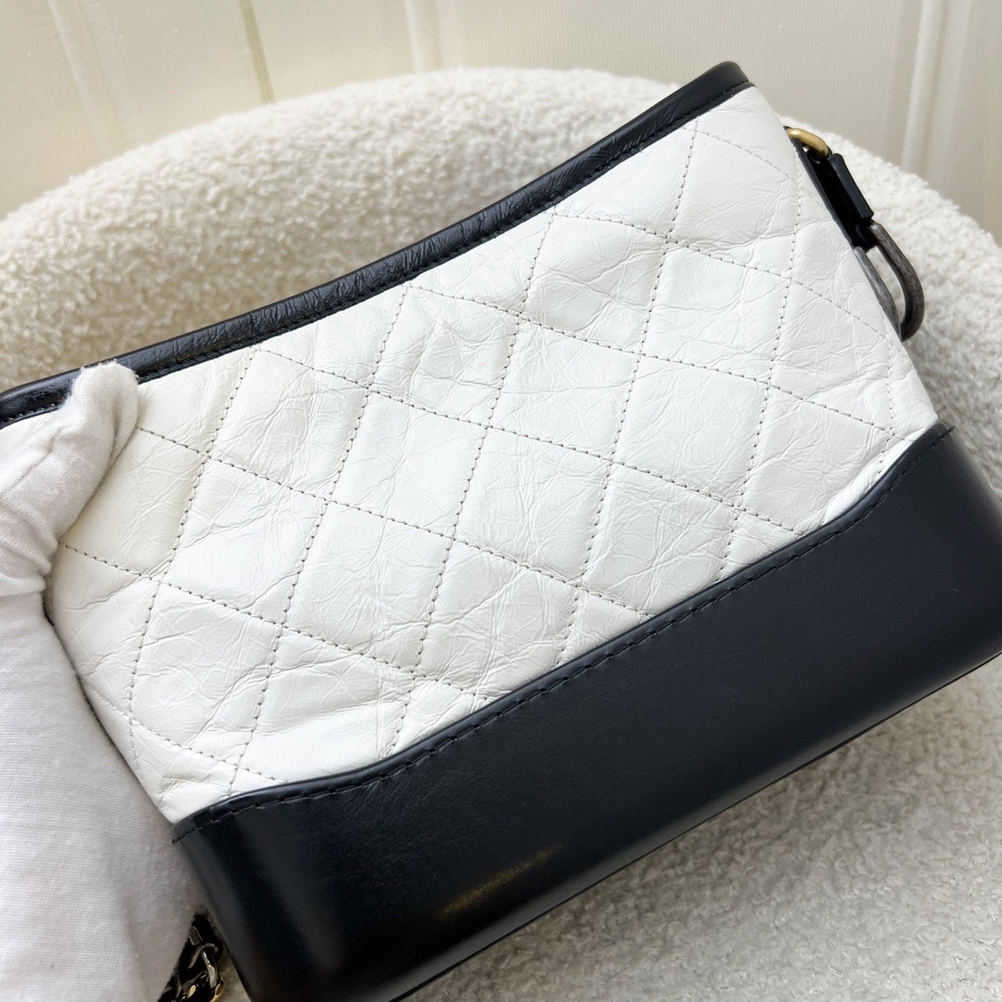 GLM-Small Gabrielle Hobo in White Distressed Calfskin, Black Base and 3 Tone HW