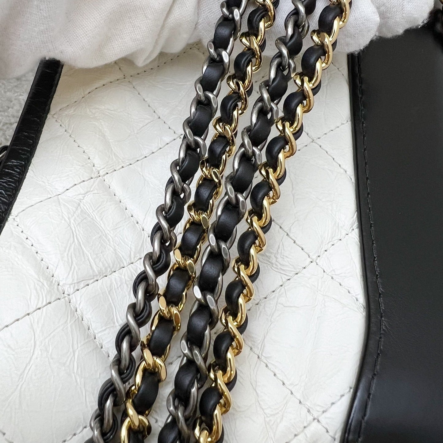 GLM-Small Gabrielle Hobo in White Distressed Calfskin, Black Base and 3 Tone HW