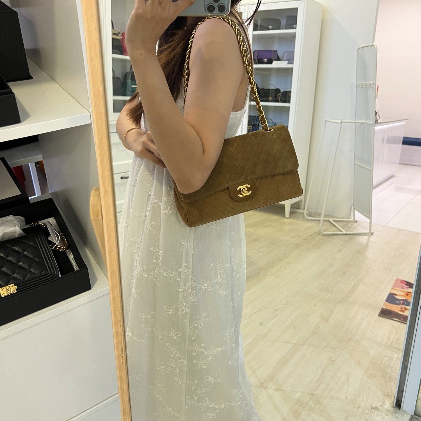 GLM- Medium Classic Flap CF in Brown Suede and 24K Gold Plated HW