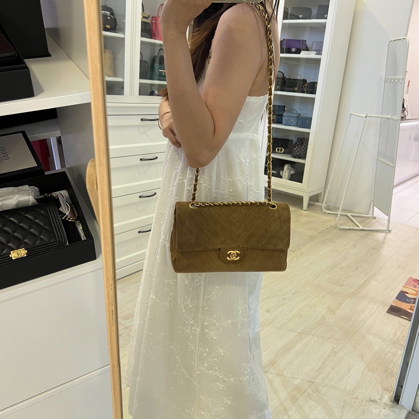 GLM- Medium Classic Flap CF in Brown Suede and 24K Gold Plated HW