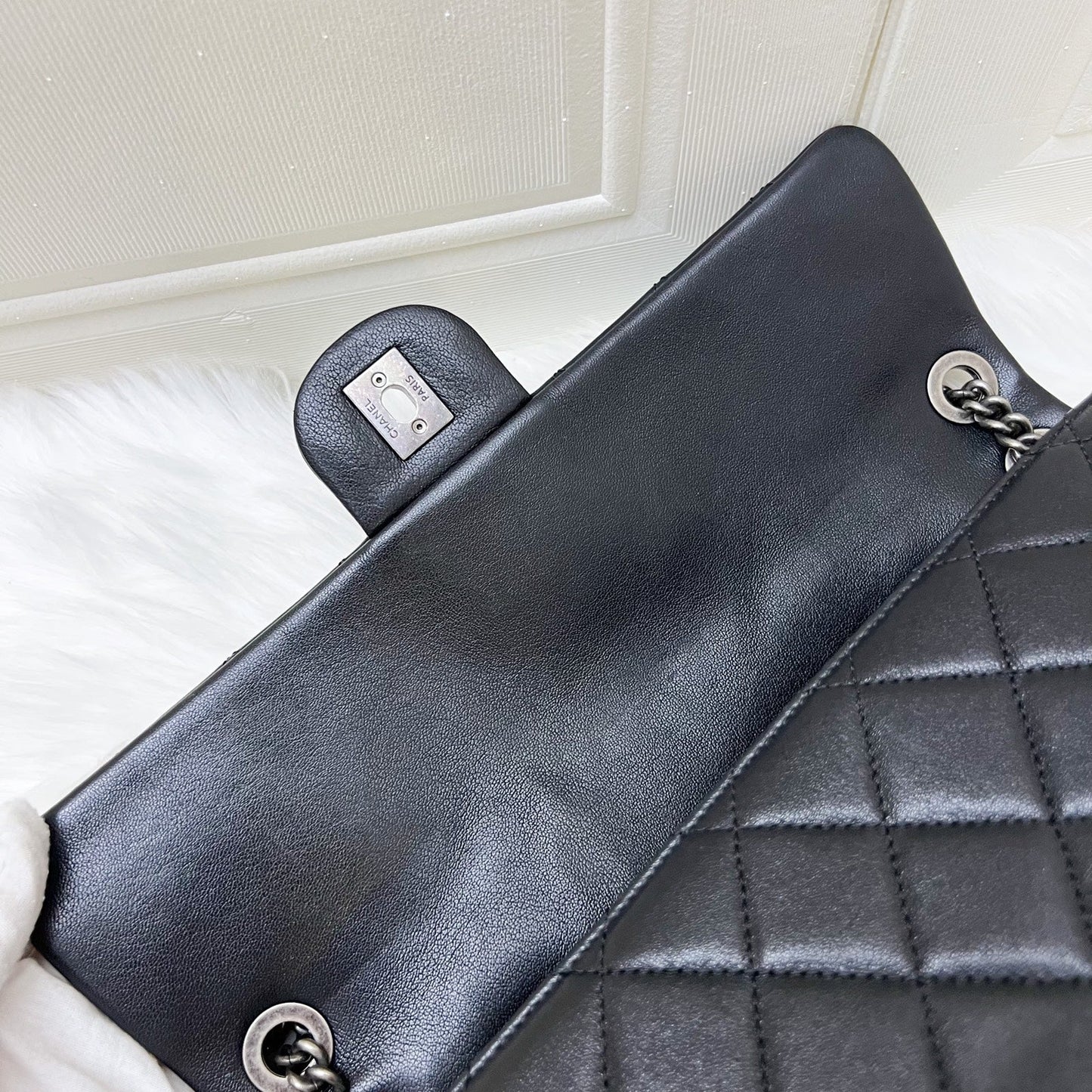 GLM-East West Quilted Flap Bag in Black Caviar and RHW