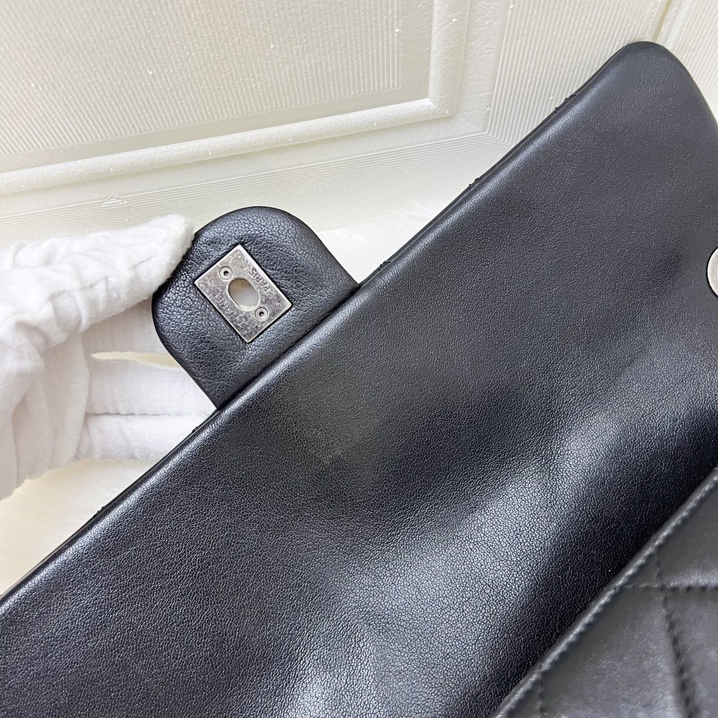 GLM-East West Quilted Flap Bag in Black Caviar and RHW