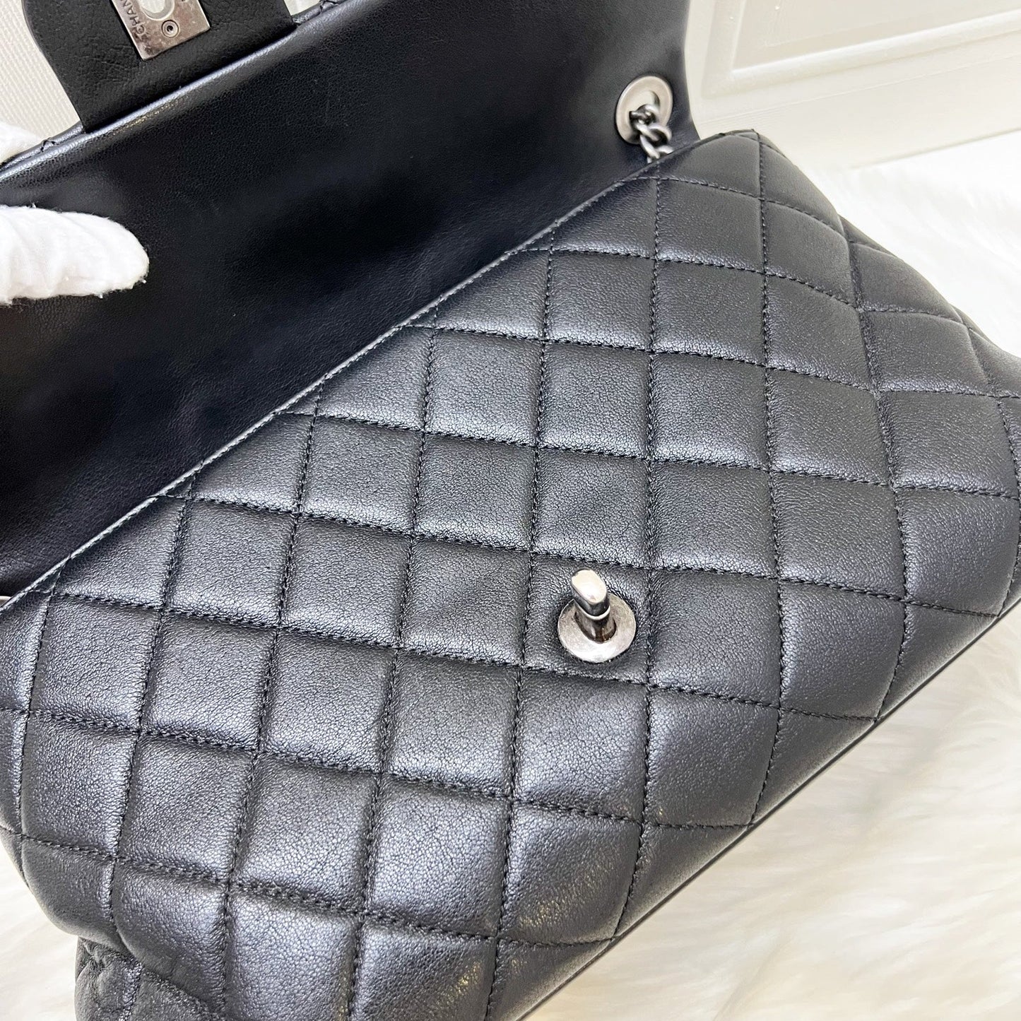 GLM-East West Quilted Flap Bag in Black Caviar and RHW