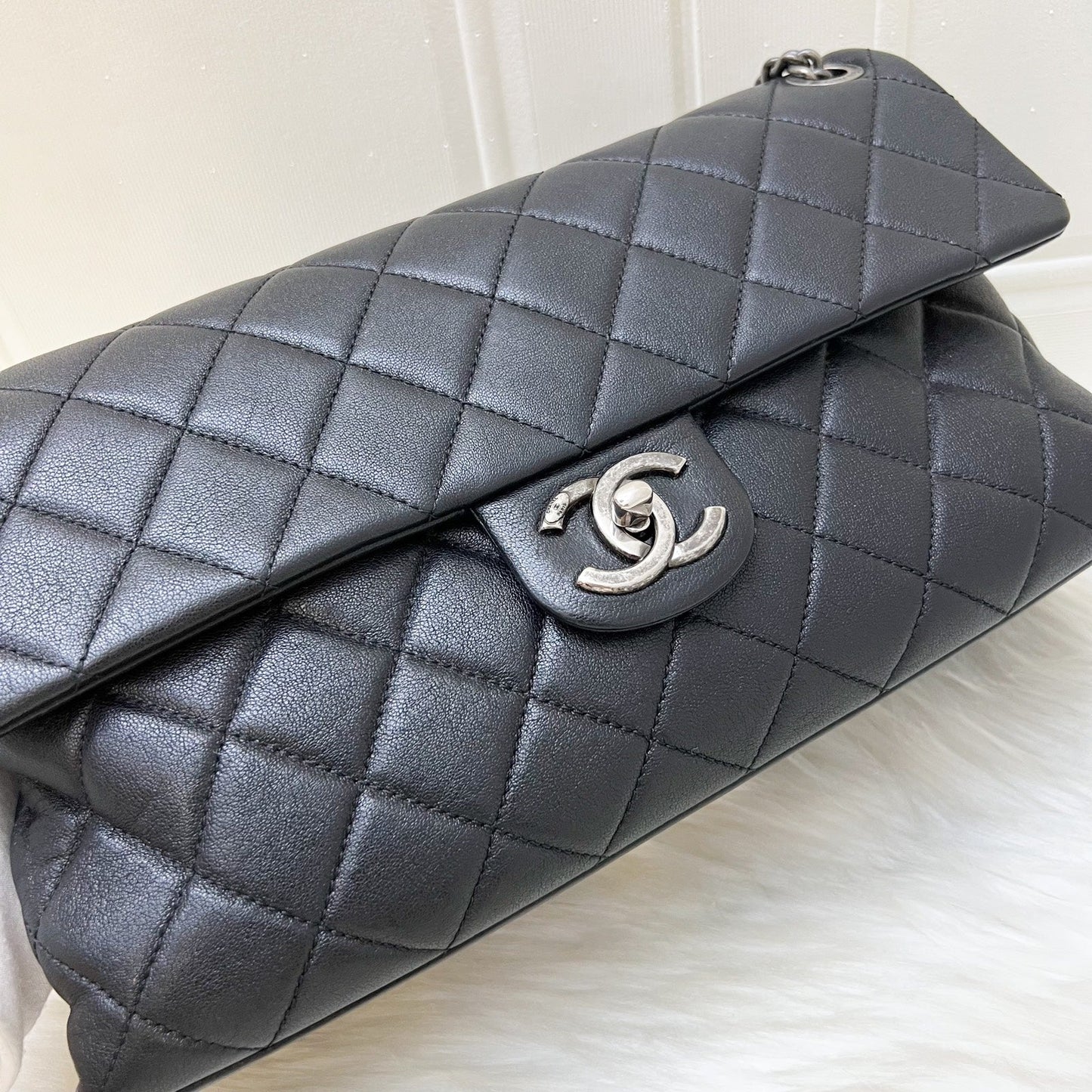 GLM-East West Quilted Flap Bag in Black Caviar and RHW