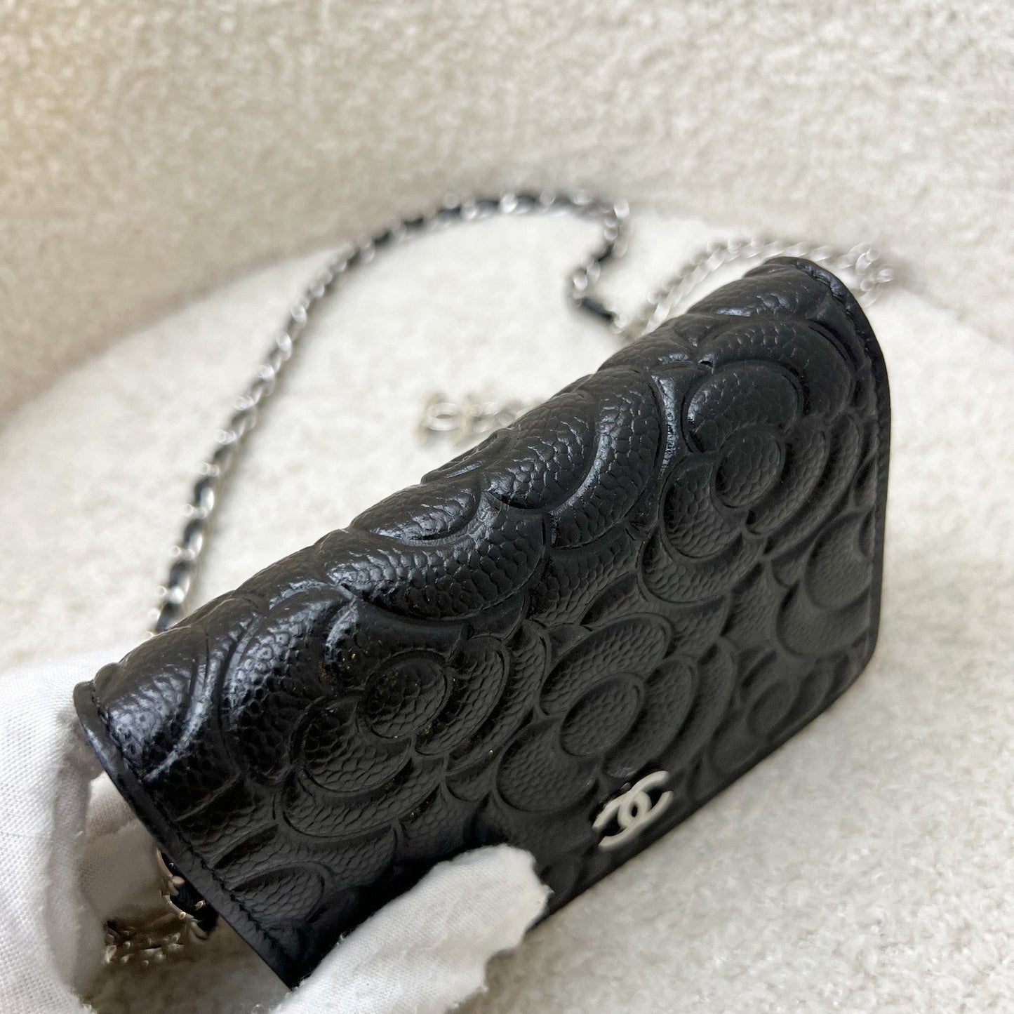 GLM-20K Camellia Micro Flap / Clutch on Chain Belt Bag in Black Caviar and SHW