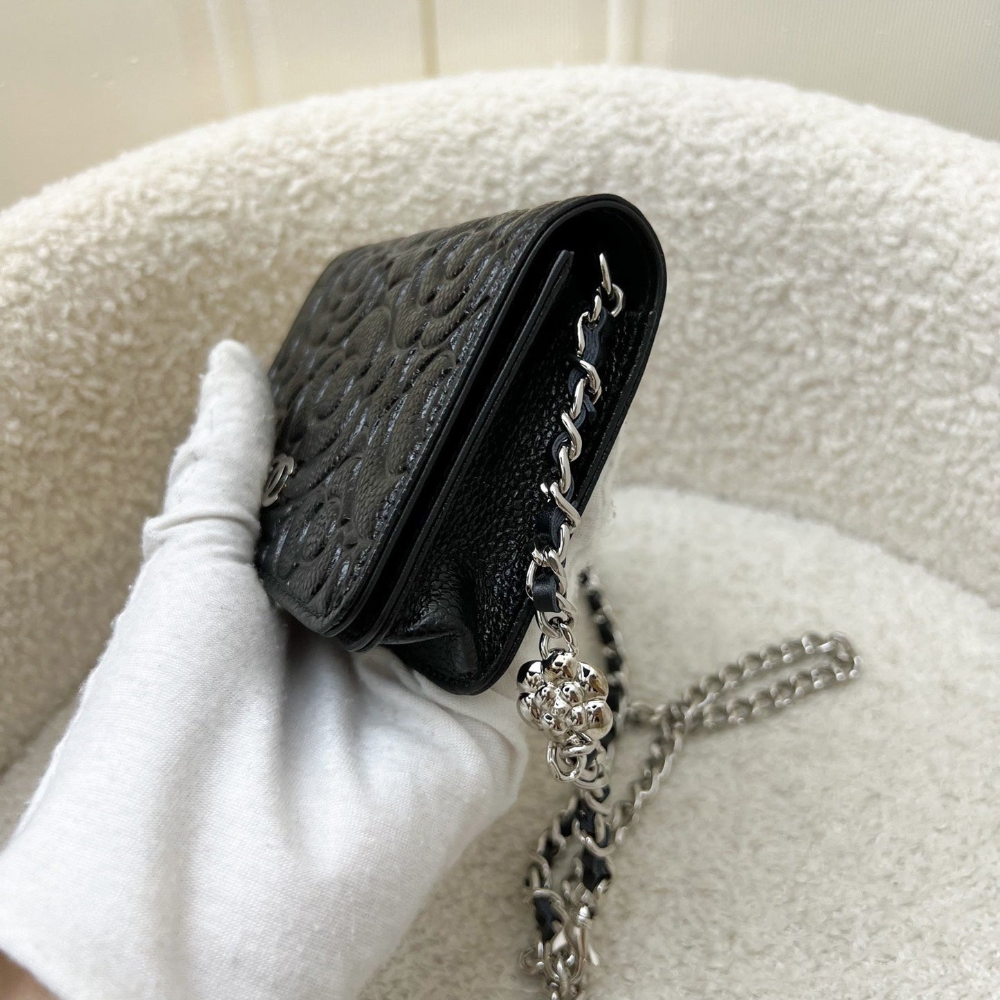 GLM-20K Camellia Micro Flap / Clutch on Chain Belt Bag in Black Caviar and SHW