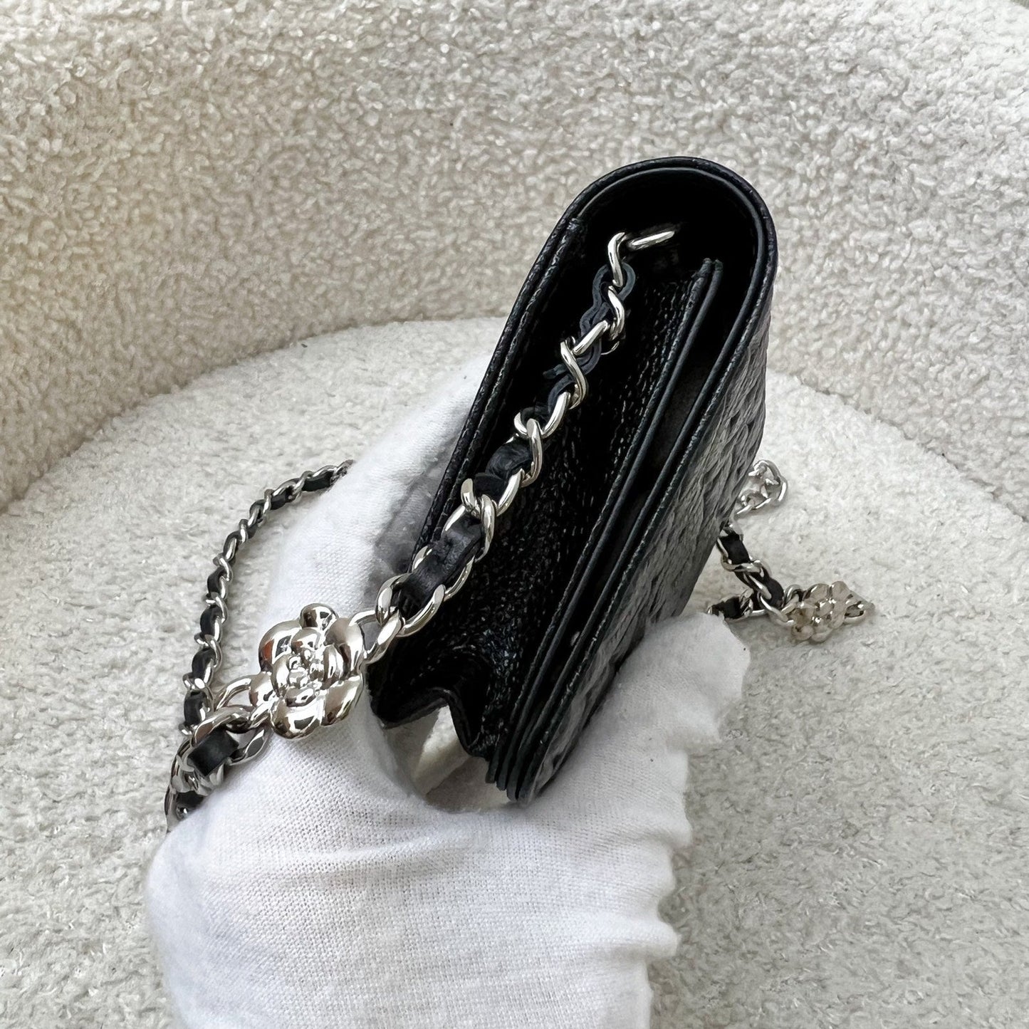 GLM-20K Camellia Micro Flap / Clutch on Chain Belt Bag in Black Caviar and SHW