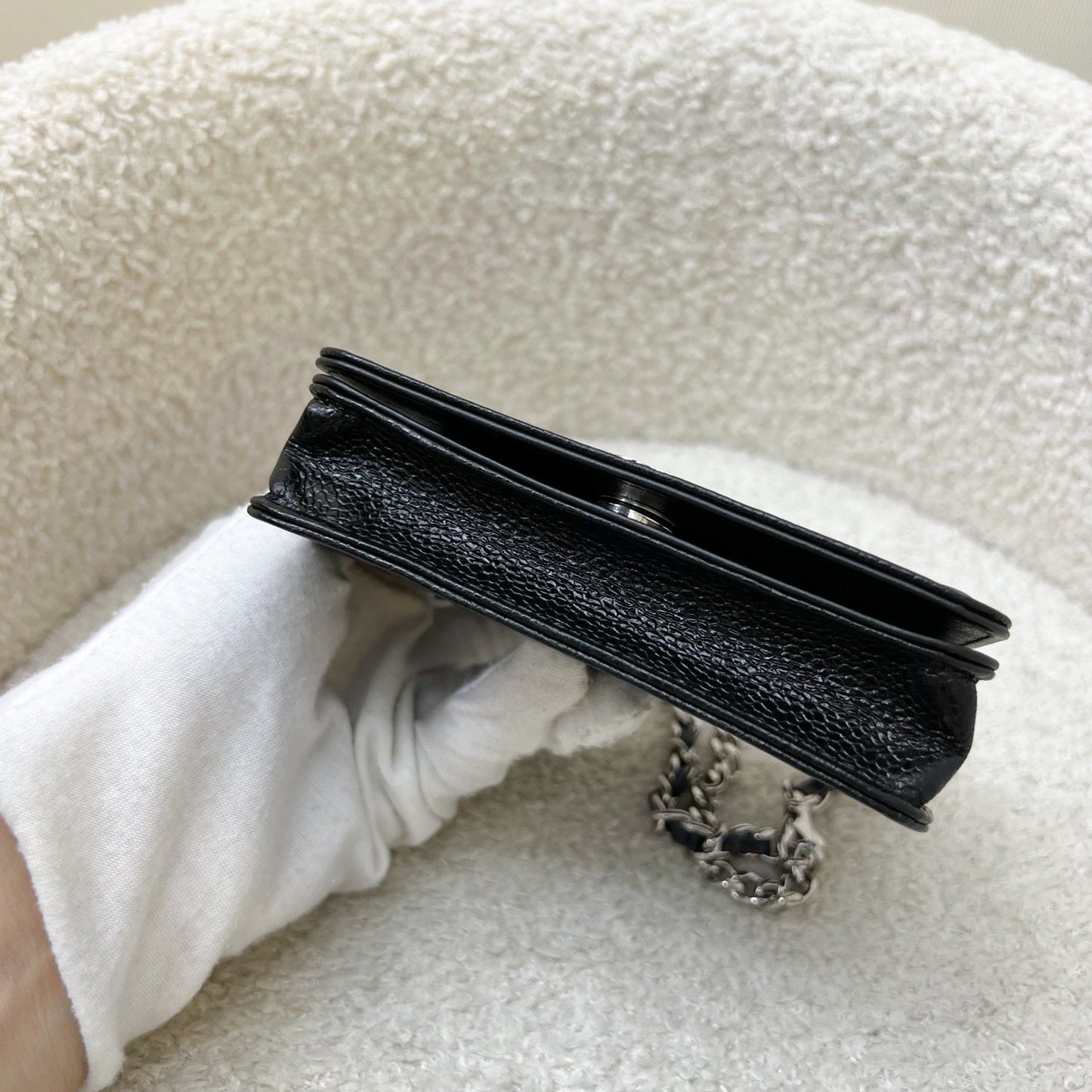 GLM-20K Camellia Micro Flap / Clutch on Chain Belt Bag in Black Caviar and SHW