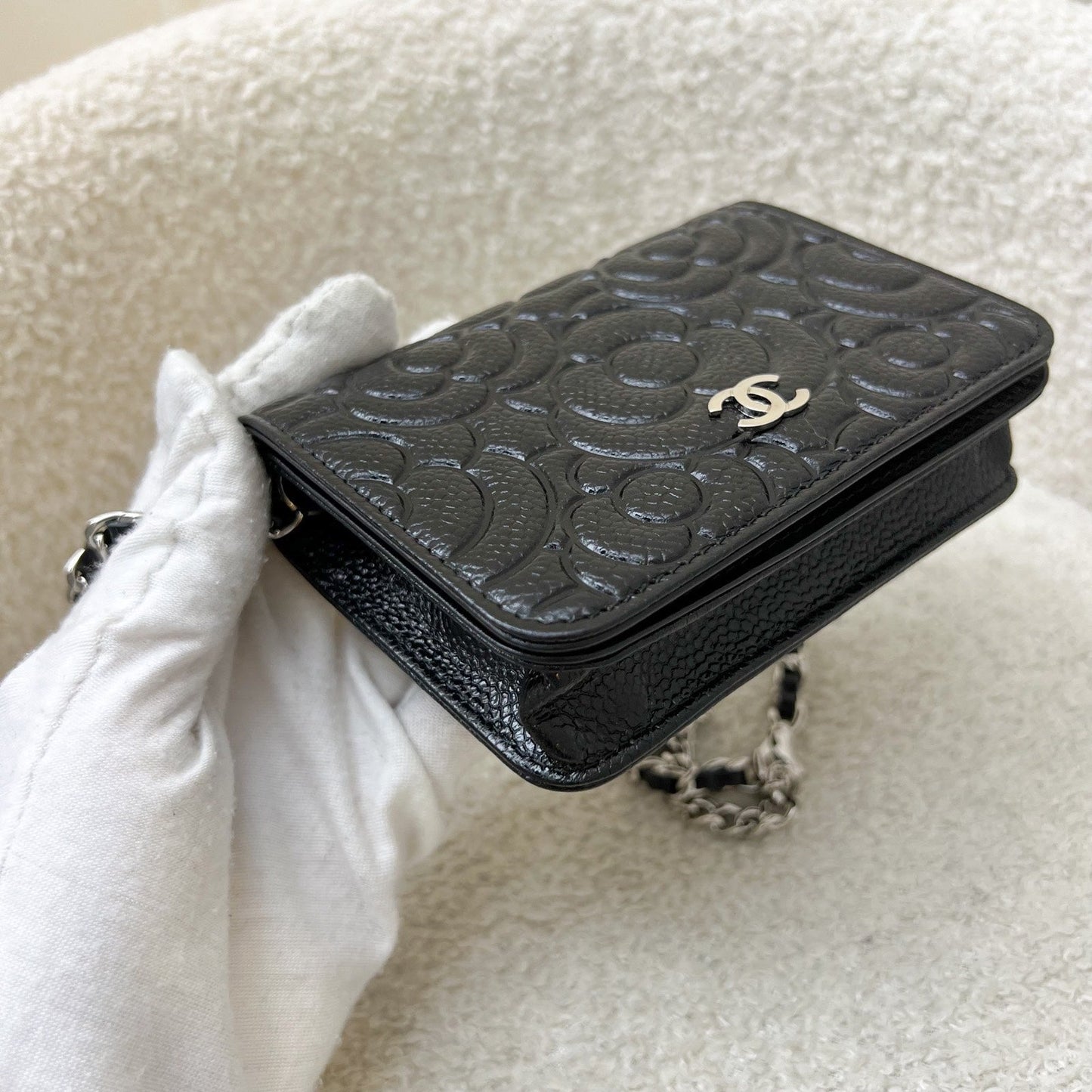 GLM-20K Camellia Micro Flap / Clutch on Chain Belt Bag in Black Caviar and SHW