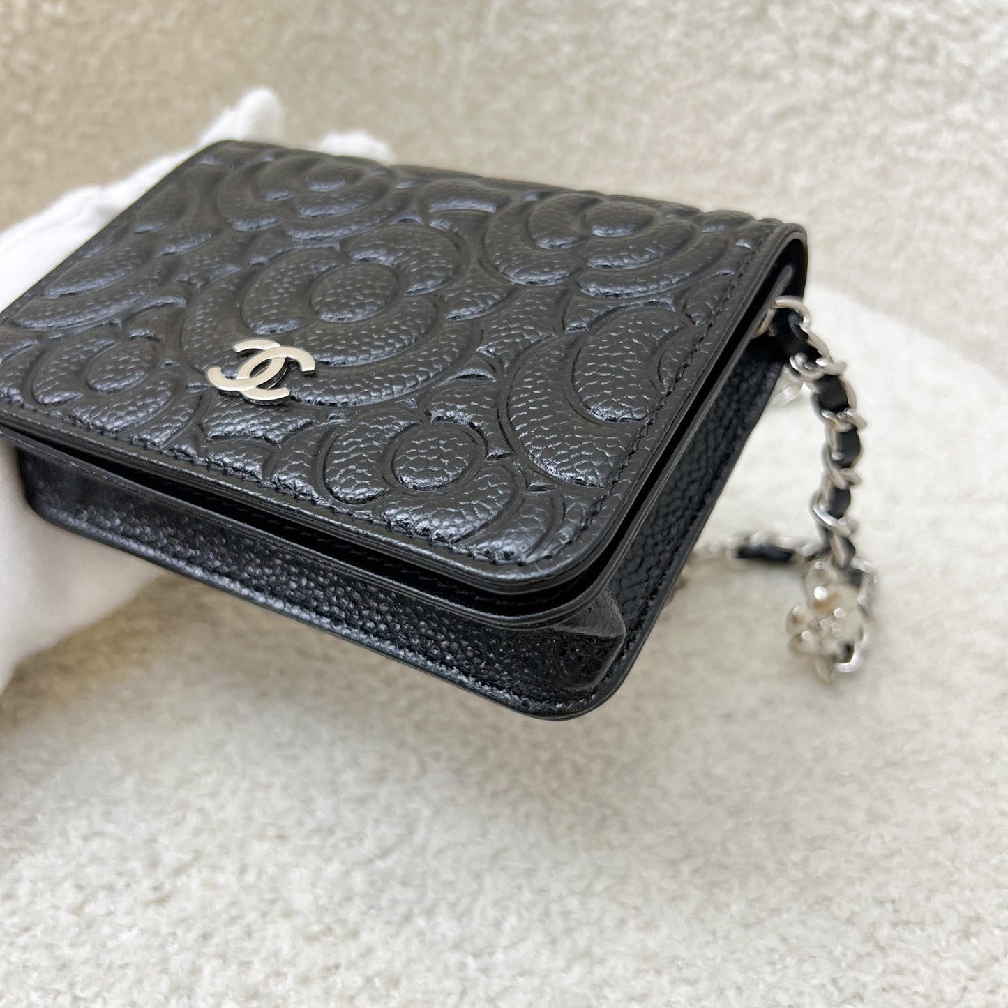GLM-20K Camellia Micro Flap / Clutch on Chain Belt Bag in Black Caviar and SHW