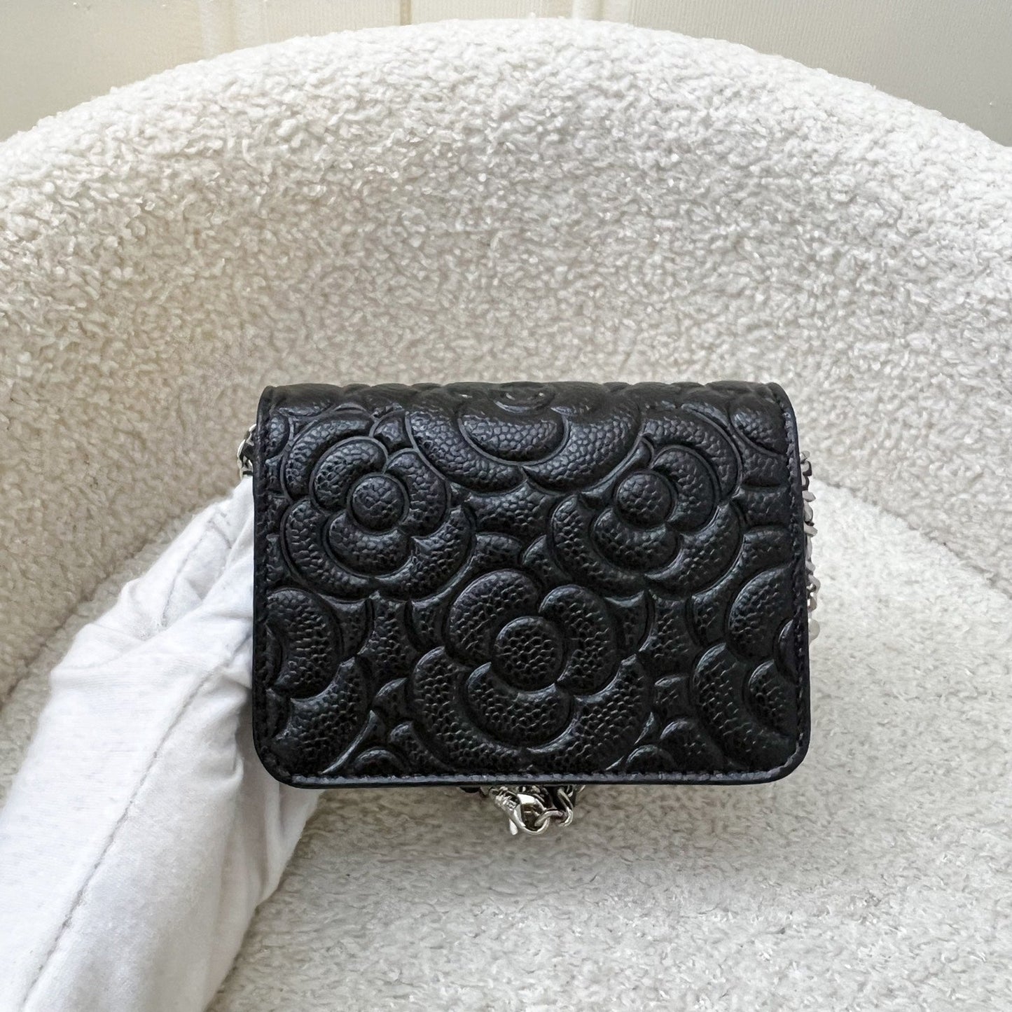 GLM-20K Camellia Micro Flap / Clutch on Chain Belt Bag in Black Caviar and SHW