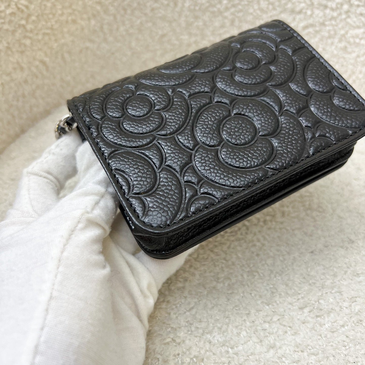 GLM-20K Camellia Micro Flap / Clutch on Chain Belt Bag in Black Caviar and SHW