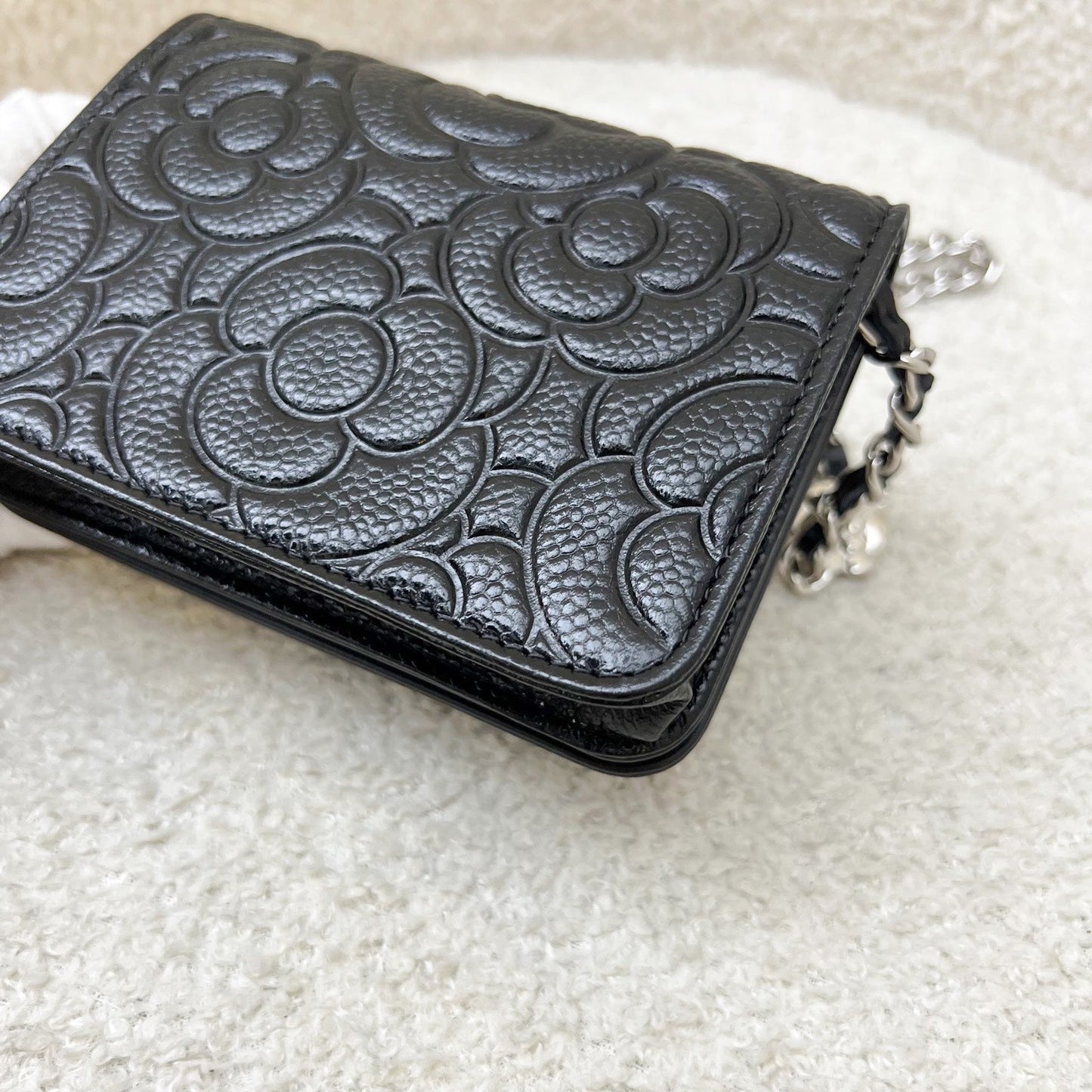 GLM-20K Camellia Micro Flap / Clutch on Chain Belt Bag in Black Caviar and SHW