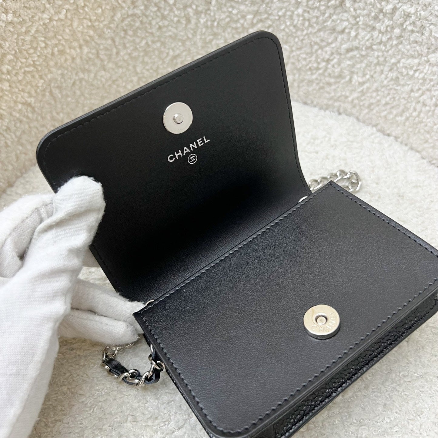 GLM-20K Camellia Micro Flap / Clutch on Chain Belt Bag in Black Caviar and SHW