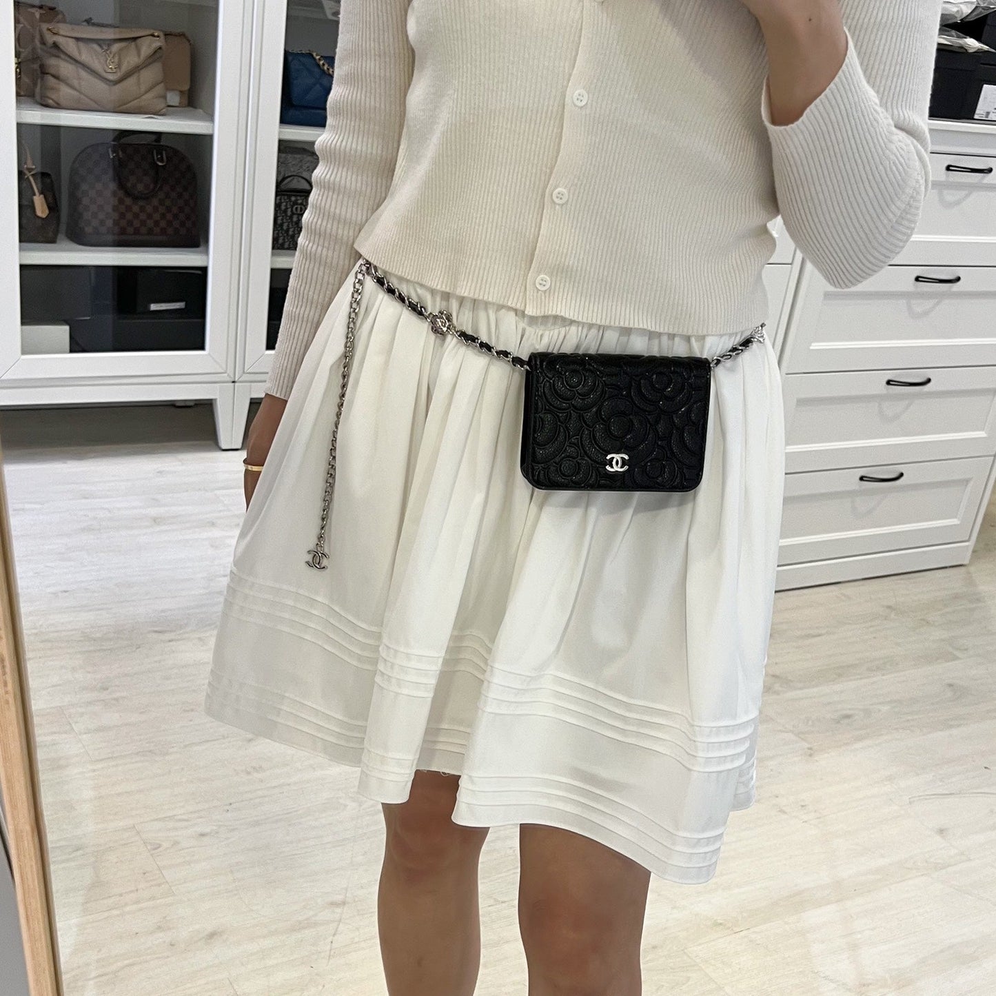 GLM-20K Camellia Micro Flap / Clutch on Chain Belt Bag in Black Caviar and SHW