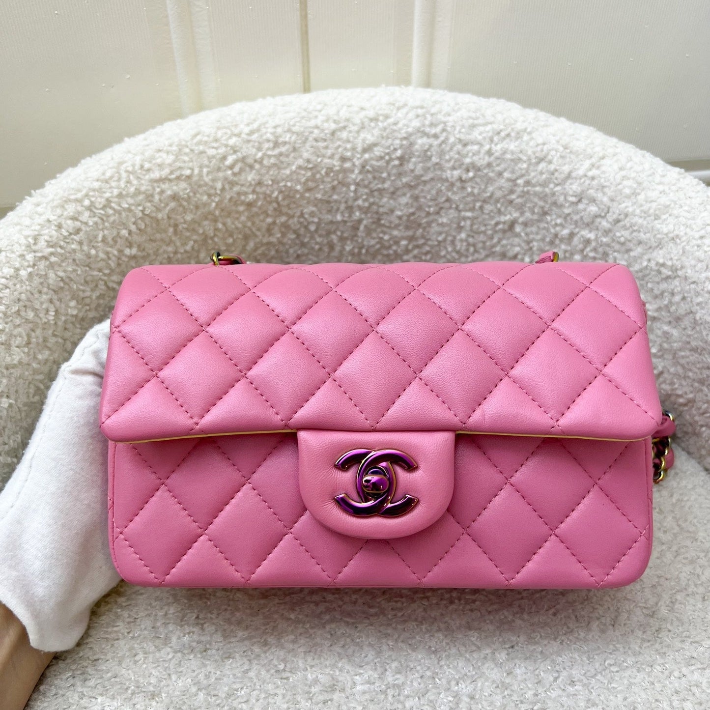 GLM-Classic Mini Rectangle Flap in 21P Pink / Yellow Lambskin and Rainbow HW