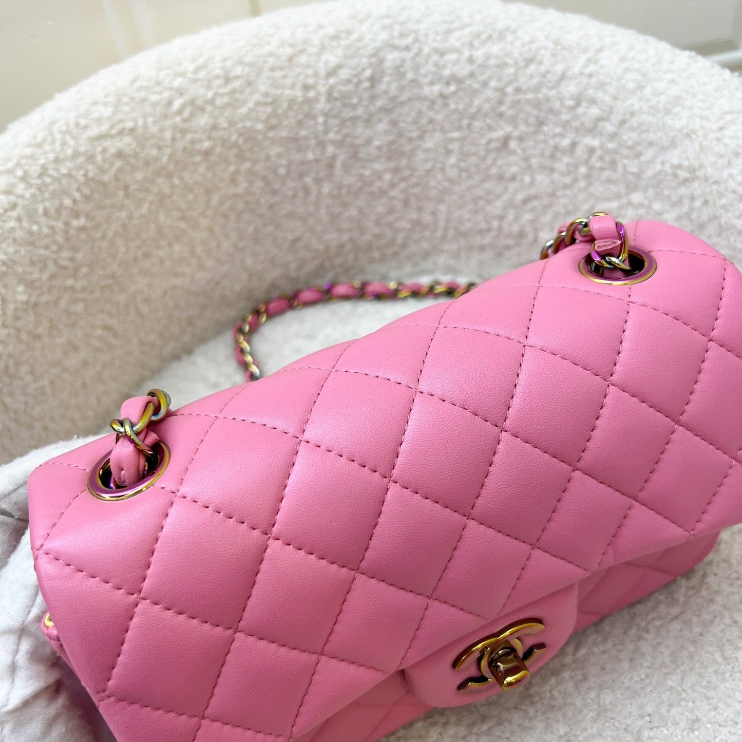 GLM-Classic Mini Rectangle Flap in 21P Pink / Yellow Lambskin and Rainbow HW