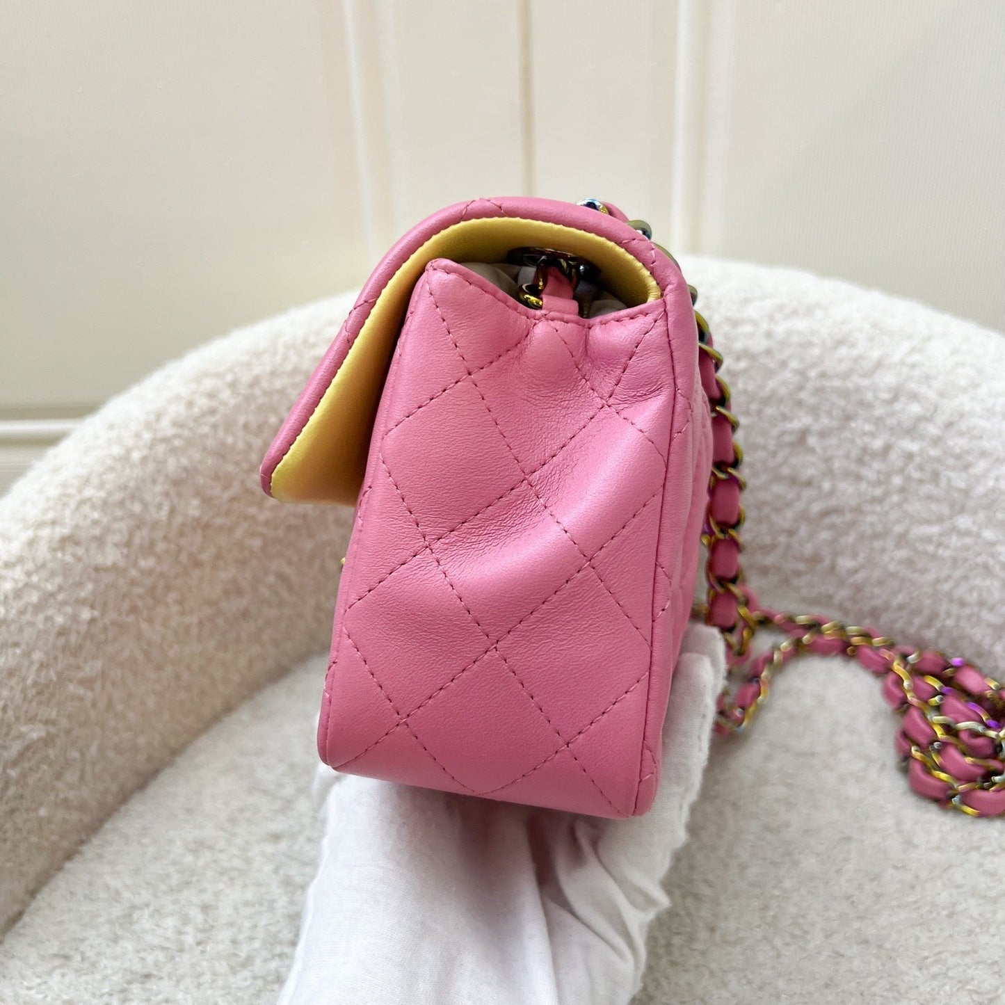 GLM-Classic Mini Rectangle Flap in 21P Pink / Yellow Lambskin and Rainbow HW