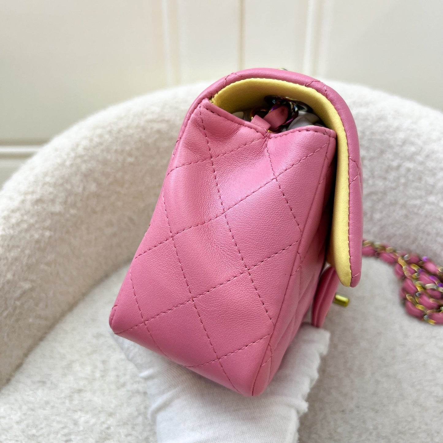 GLM-Classic Mini Rectangle Flap in 21P Pink / Yellow Lambskin and Rainbow HW